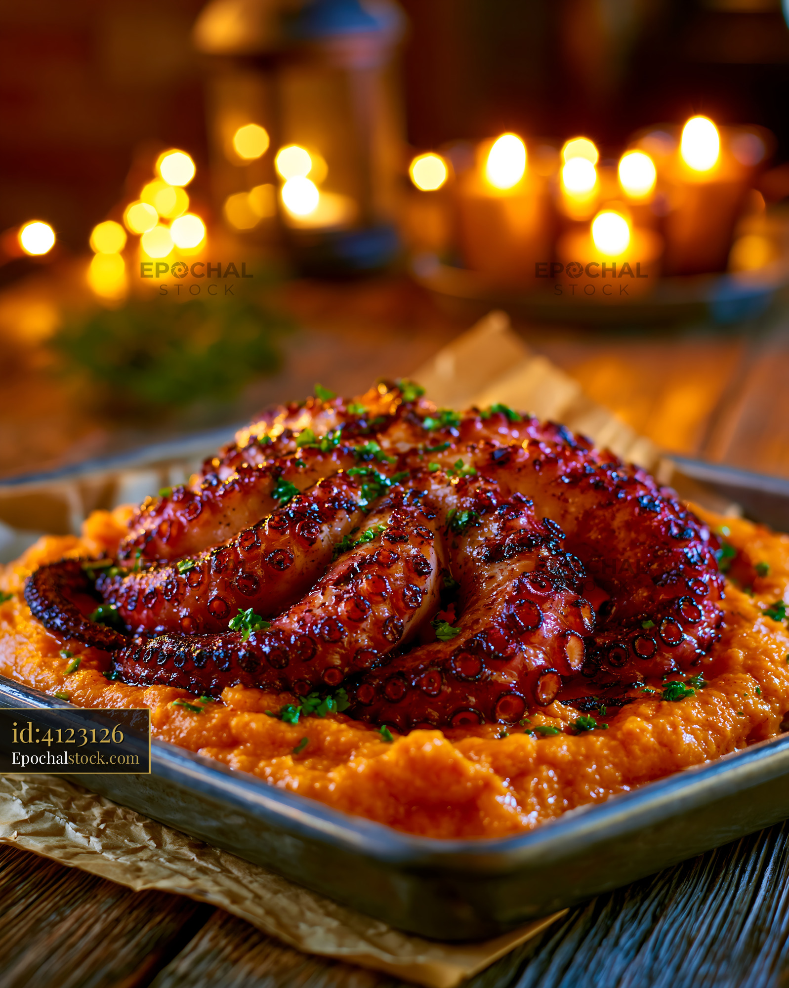 Watermarked full-resolution preview of Delicious octopus served on creamy puree with candlelight background