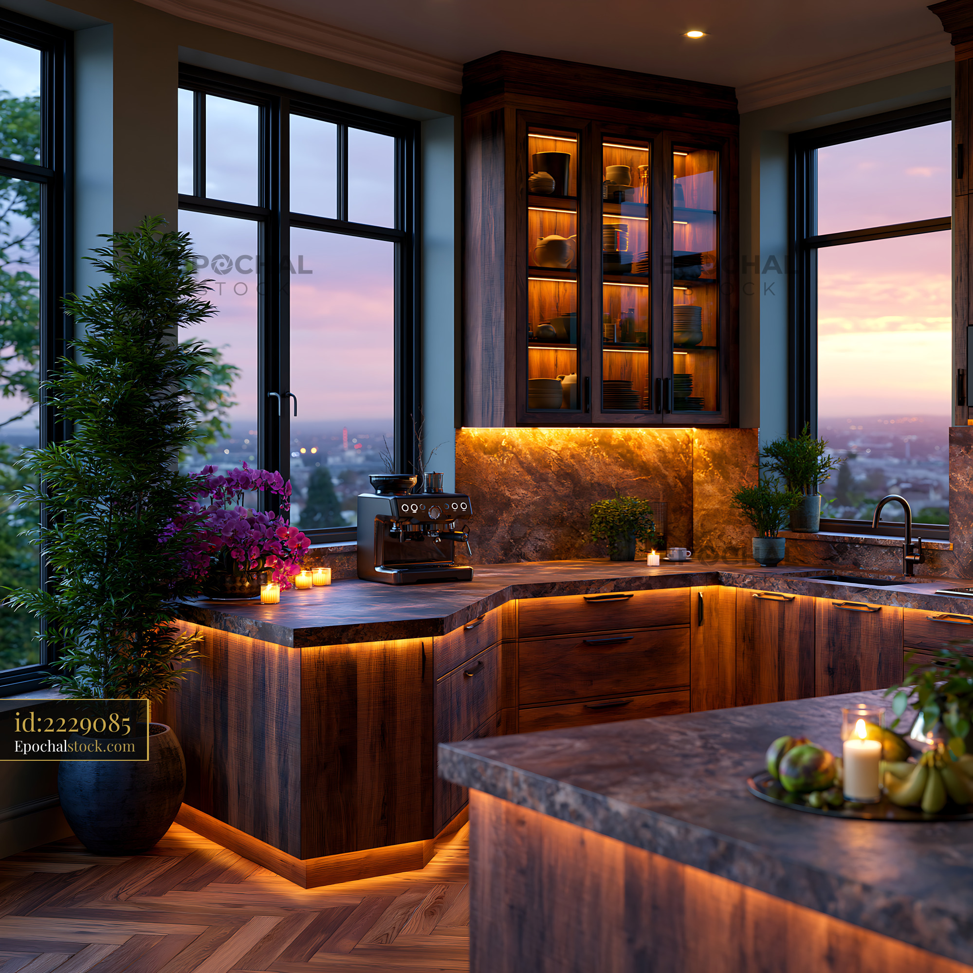 Watermarked full-resolution preview of Warm kitchen with modern design at sunset