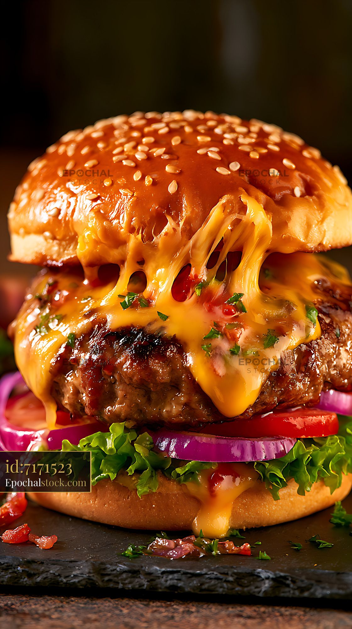 Watermarked full-resolution preview of Juicy cheeseburger with cascading melted cheese
