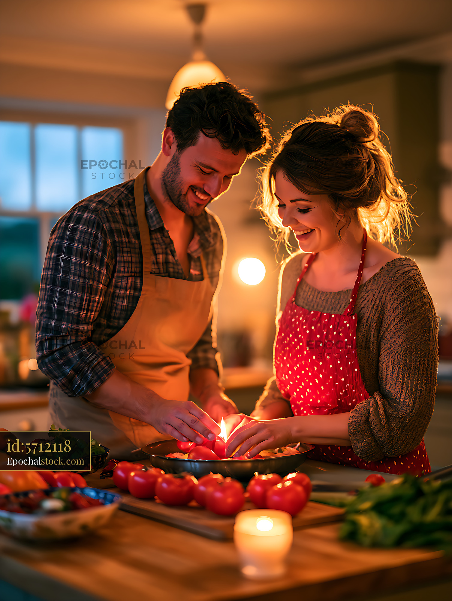 Watermarked full-resolution preview of Couple preparing fresh vegetables at a kitchen table