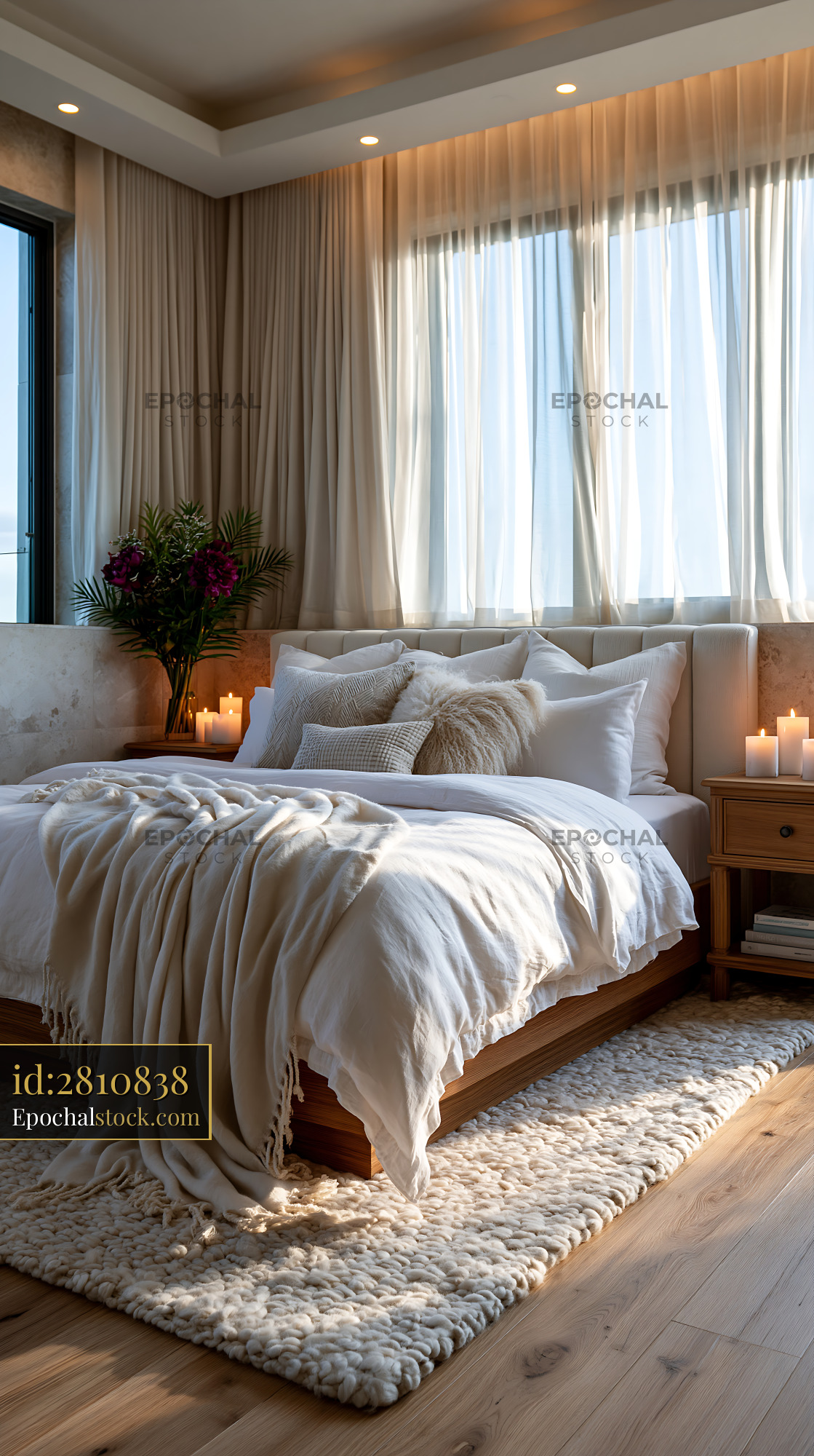 Watermarked full-resolution preview of Cozy bedroom with soft lighting and warm decorations