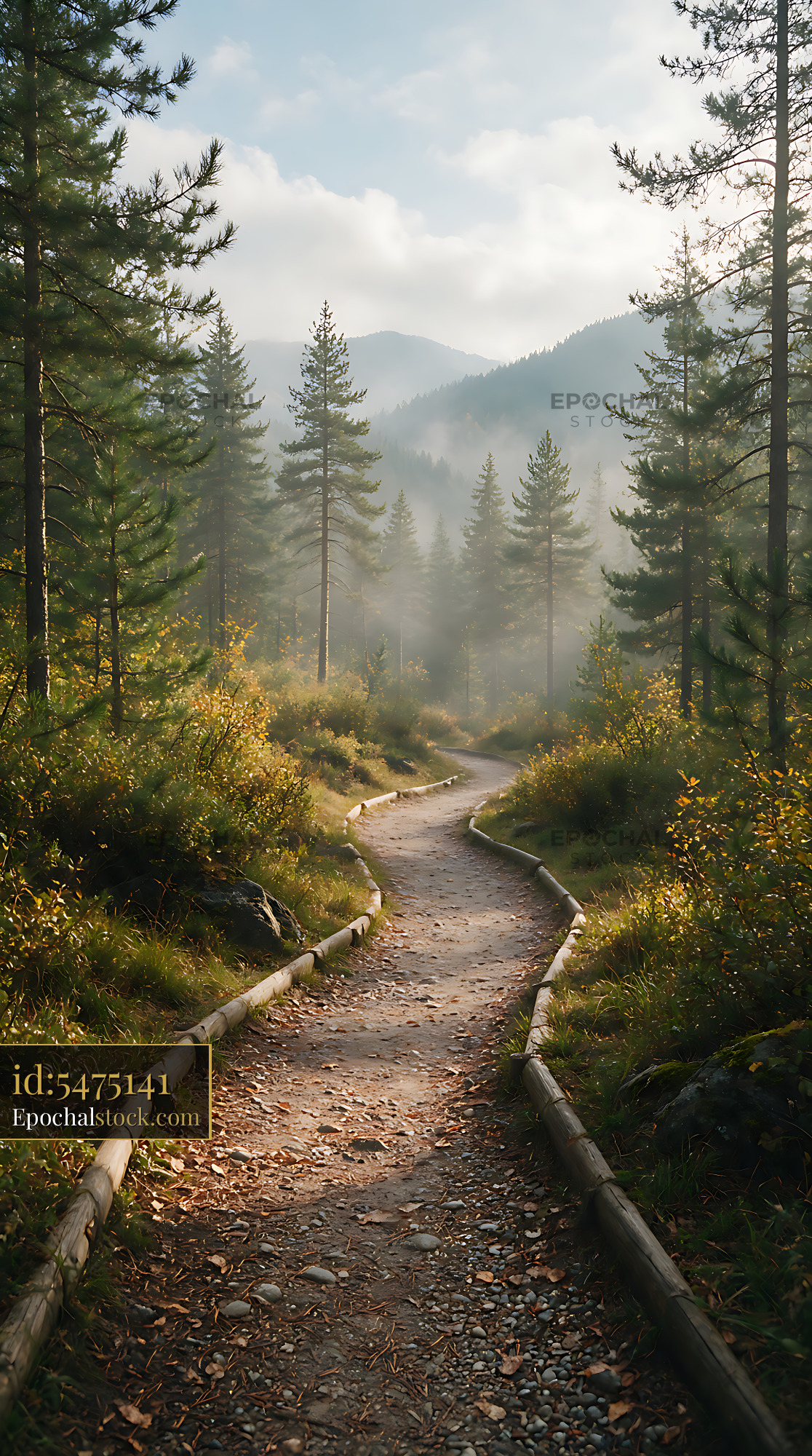 Watermarked full-resolution preview of Misty mountain path among pine trees