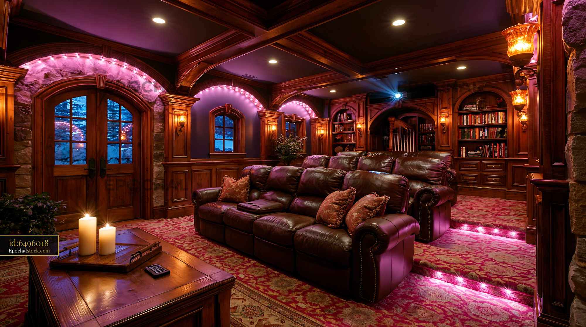 Watermarked full-resolution preview of Cozy home theater with leather seating and warm lighting