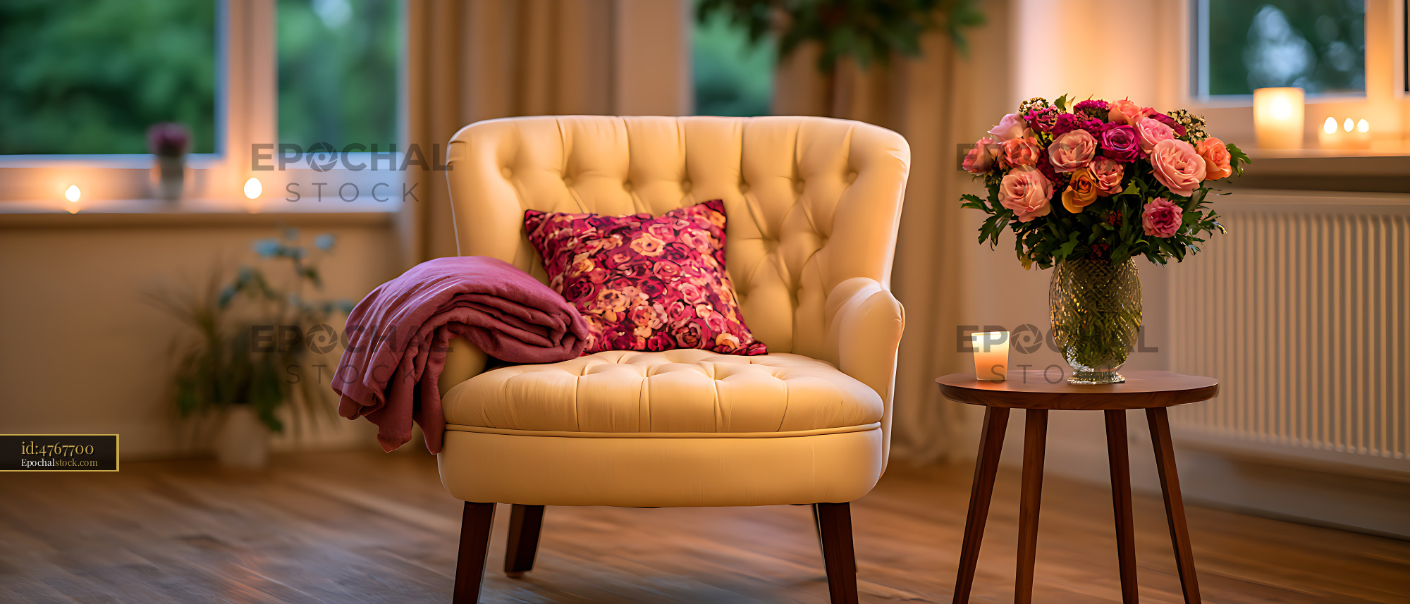 Watermarked full-resolution preview of Warm cozy interior with armchair, flowers, blanket and candle