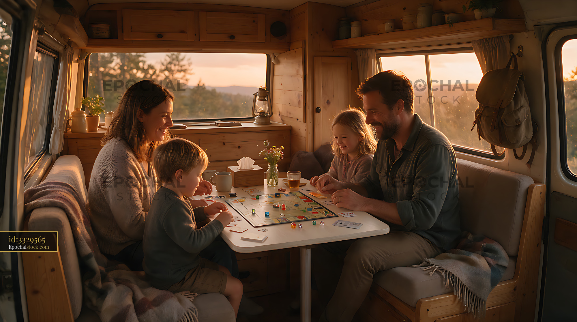 Watermarked full-resolution preview of Family enjoying a board game in a camper van