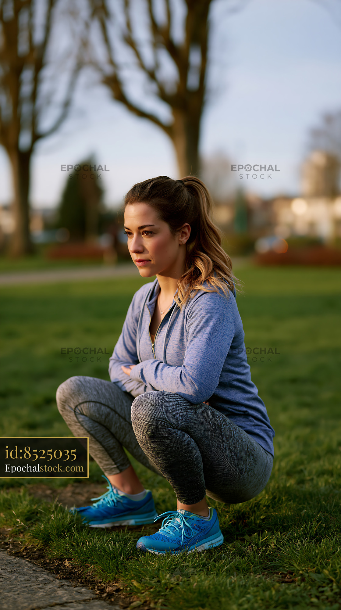 Watermarked full-resolution preview of Woman exercising outdoors in a grassy park