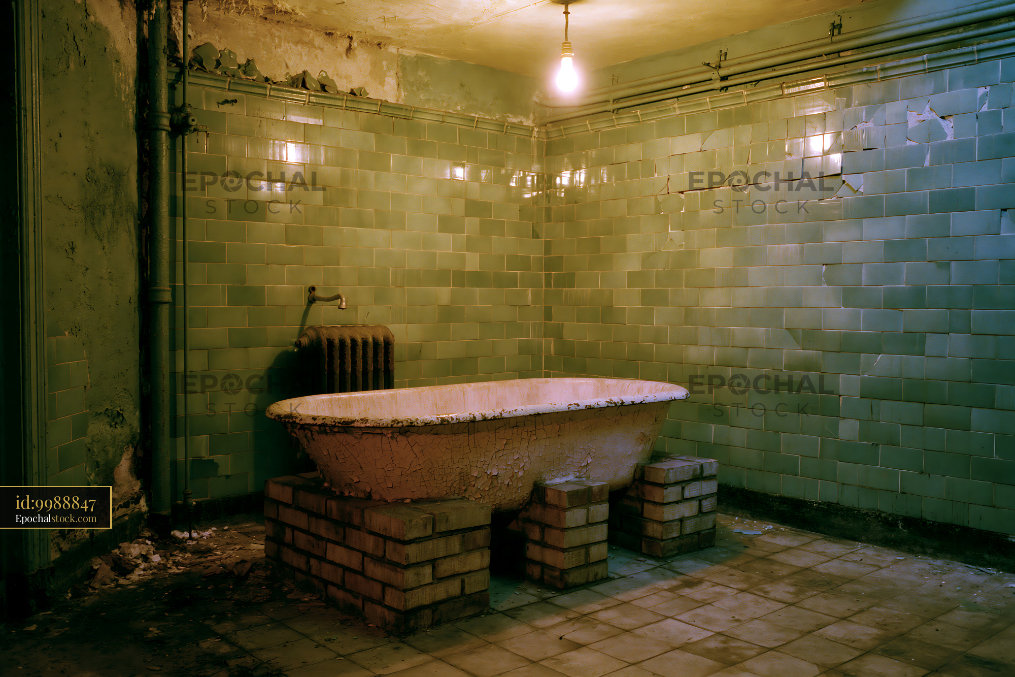 Watermarked full-resolution preview of Worn bathtub in a neglected tiled bathroom