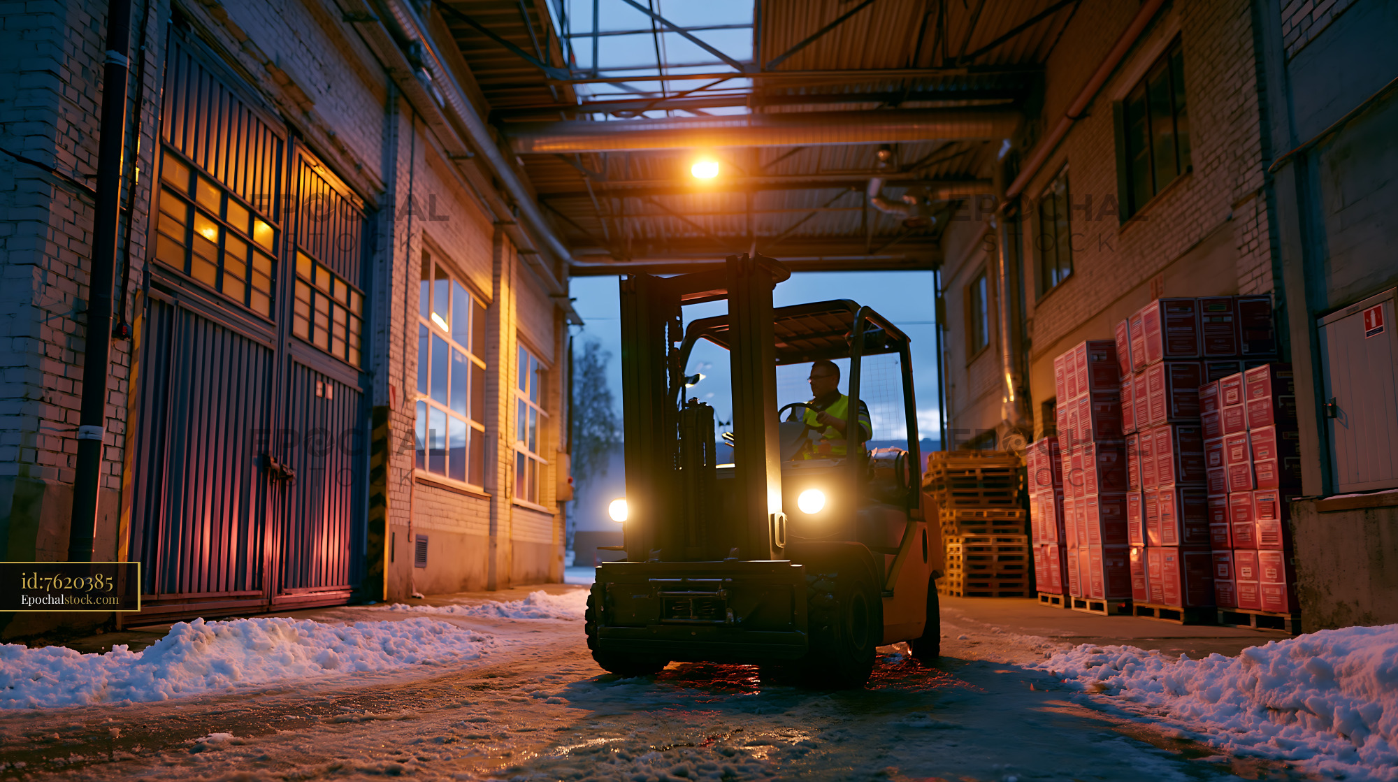 Watermarked full-resolution preview of Forklift operator in snowy industrial warehouse yard