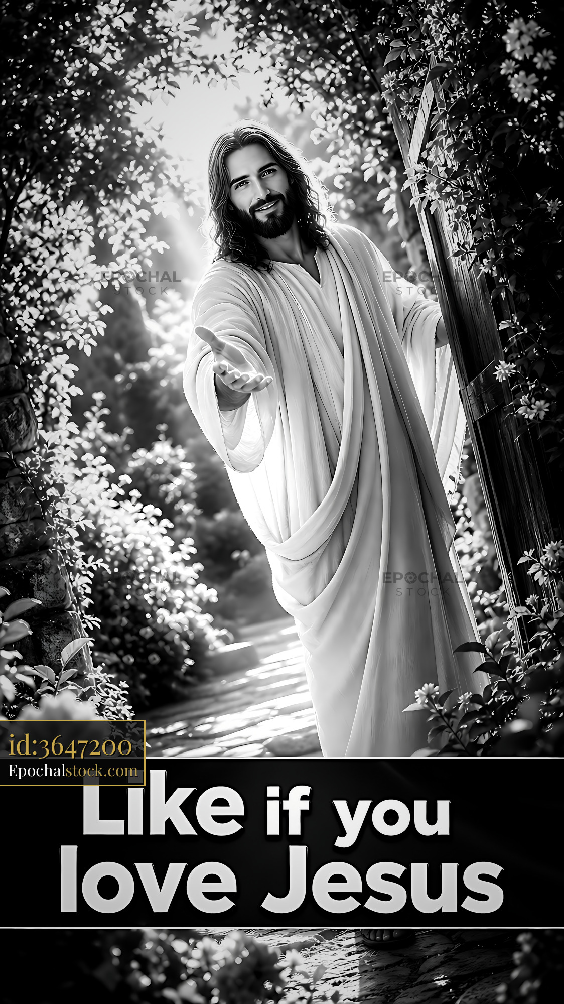 Watermarked full-resolution preview of Jesus welcoming at garden gate