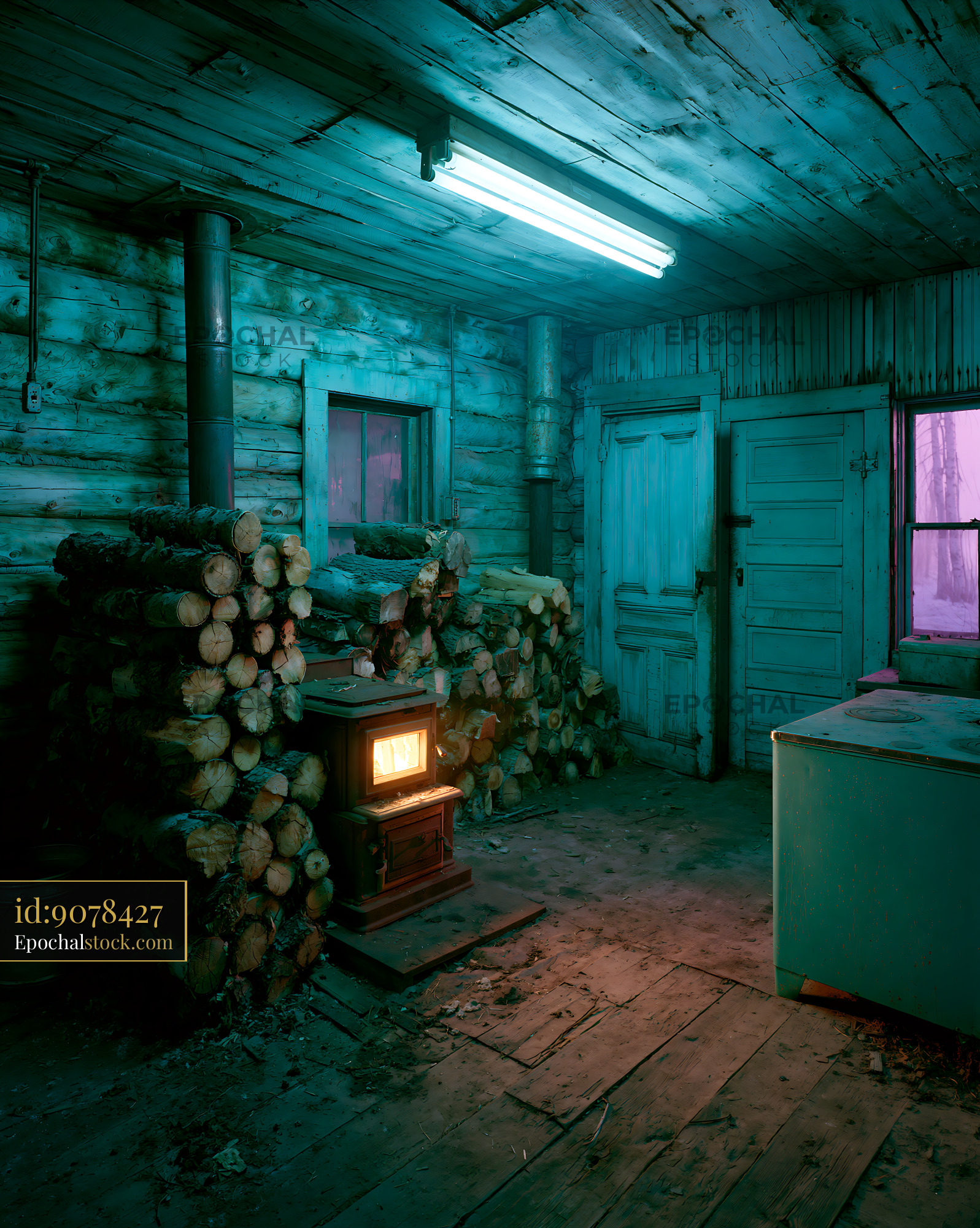 Watermarked full-resolution preview of Rustic cabin room with glowing wood stove and firewood