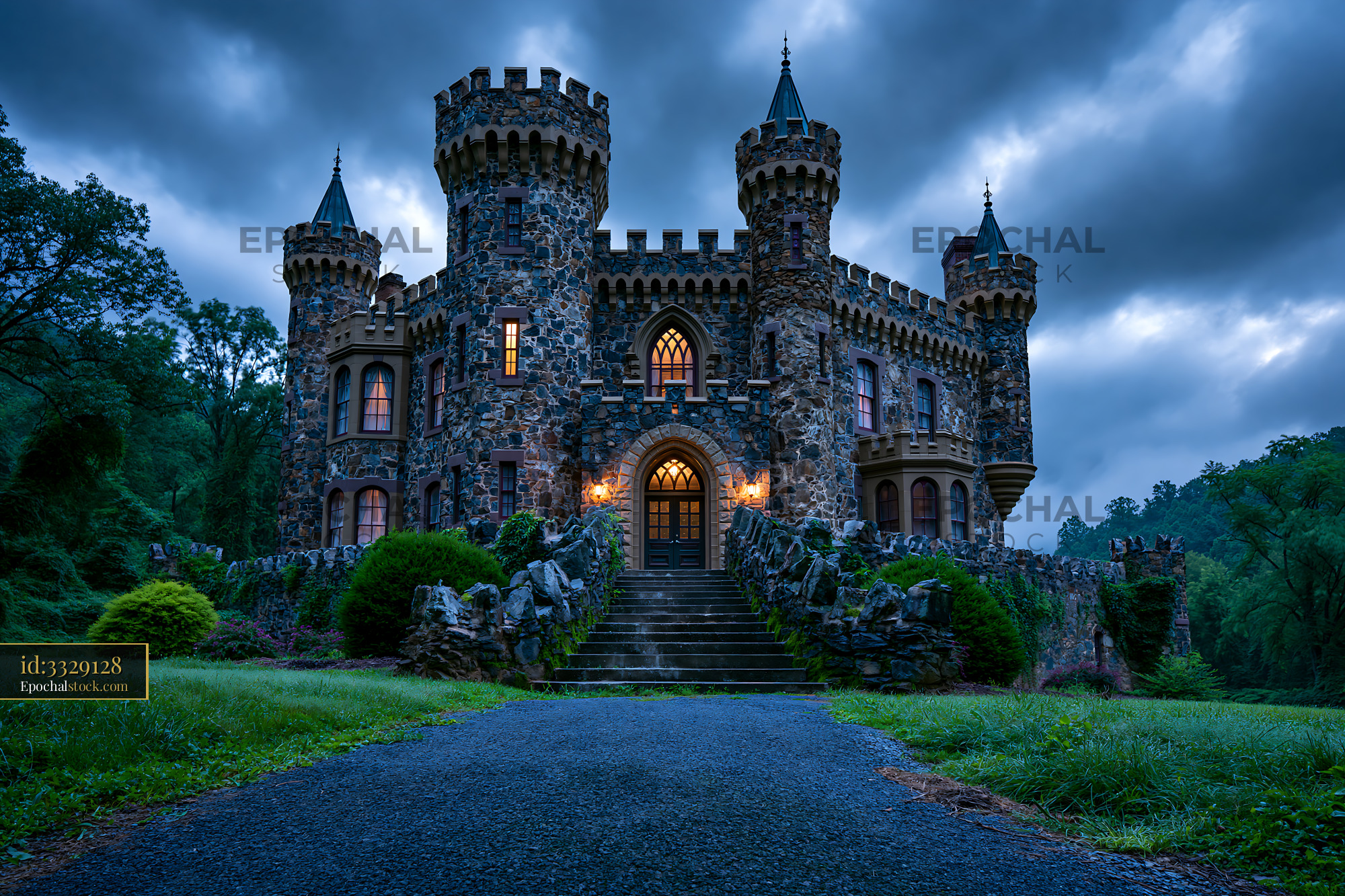 Watermarked full-resolution preview of Ornate stone castle in a lush forest landscape