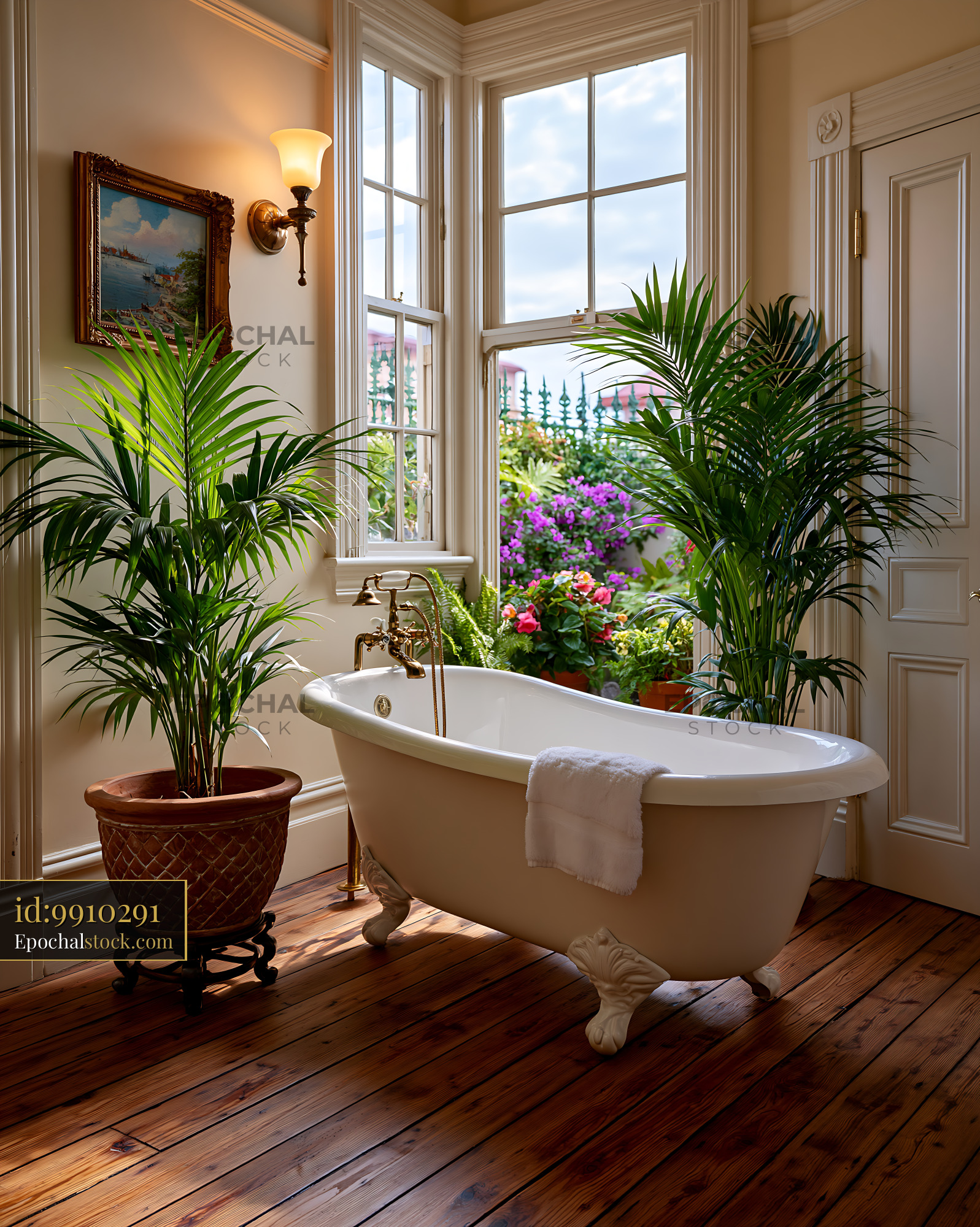 Watermarked full-resolution preview of Bright bathroom with a freestanding bathtub and plants