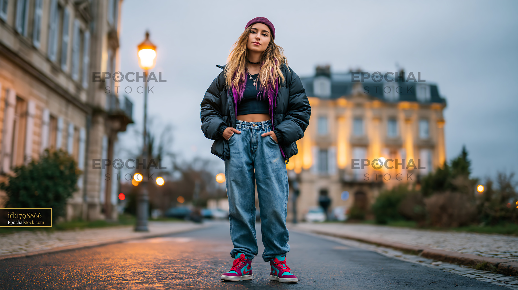 Watermarked full-resolution preview of Street fashion photo of a young woman in a city setting at dusk