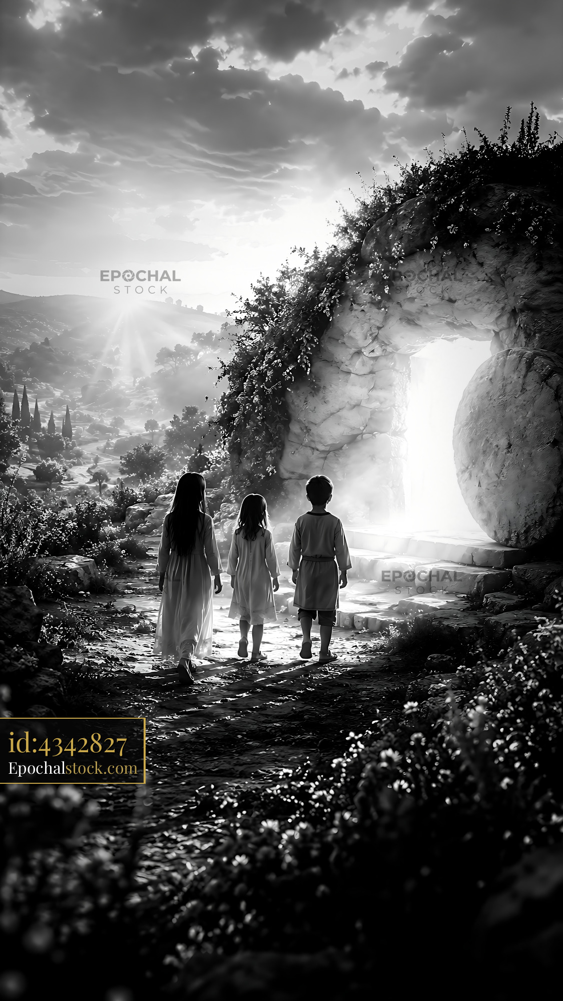 Children Walk Towards Glowing Entrance in Black and White Setting - stock photo