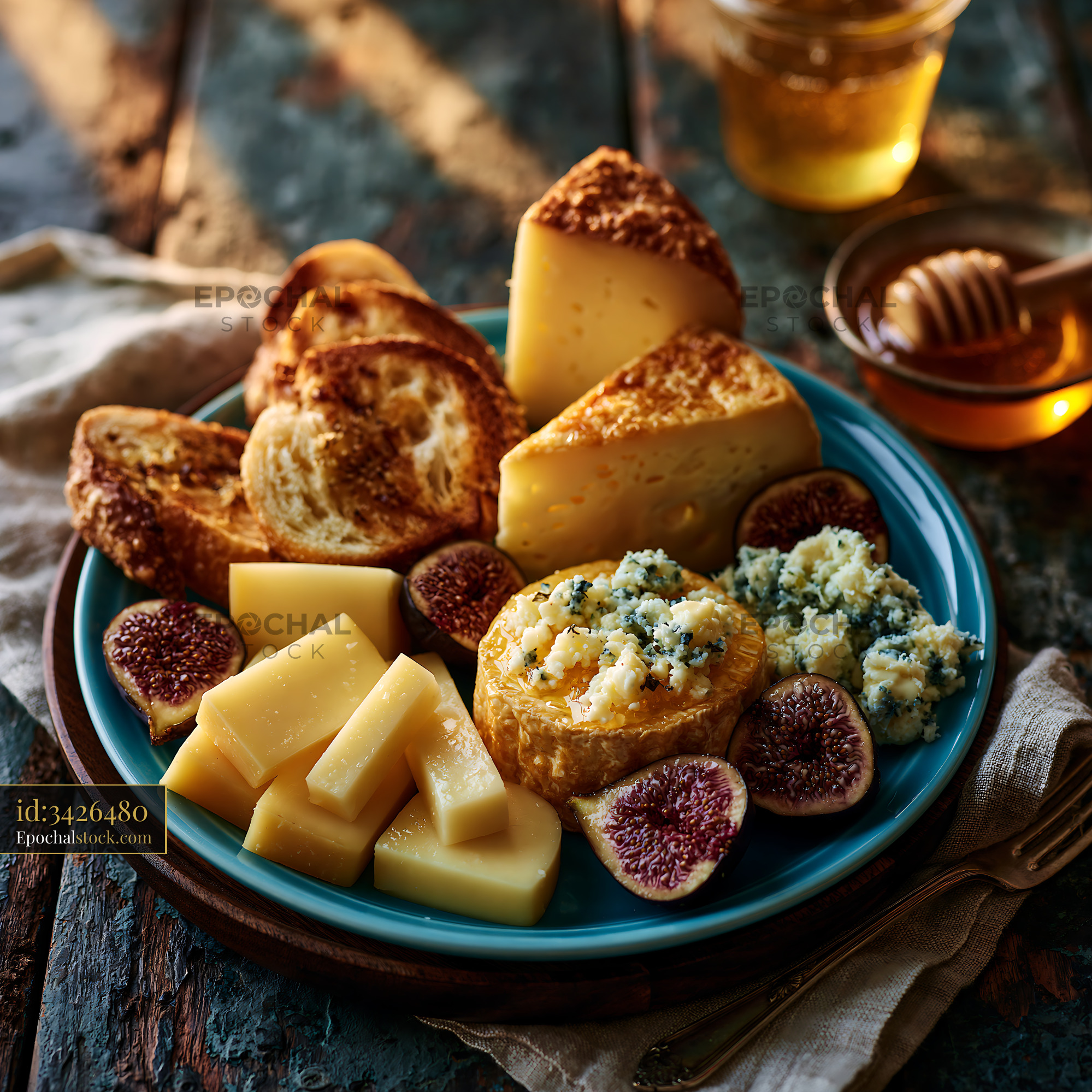 Watermarked full-resolution preview of Gourmet cheese board with figs and honey