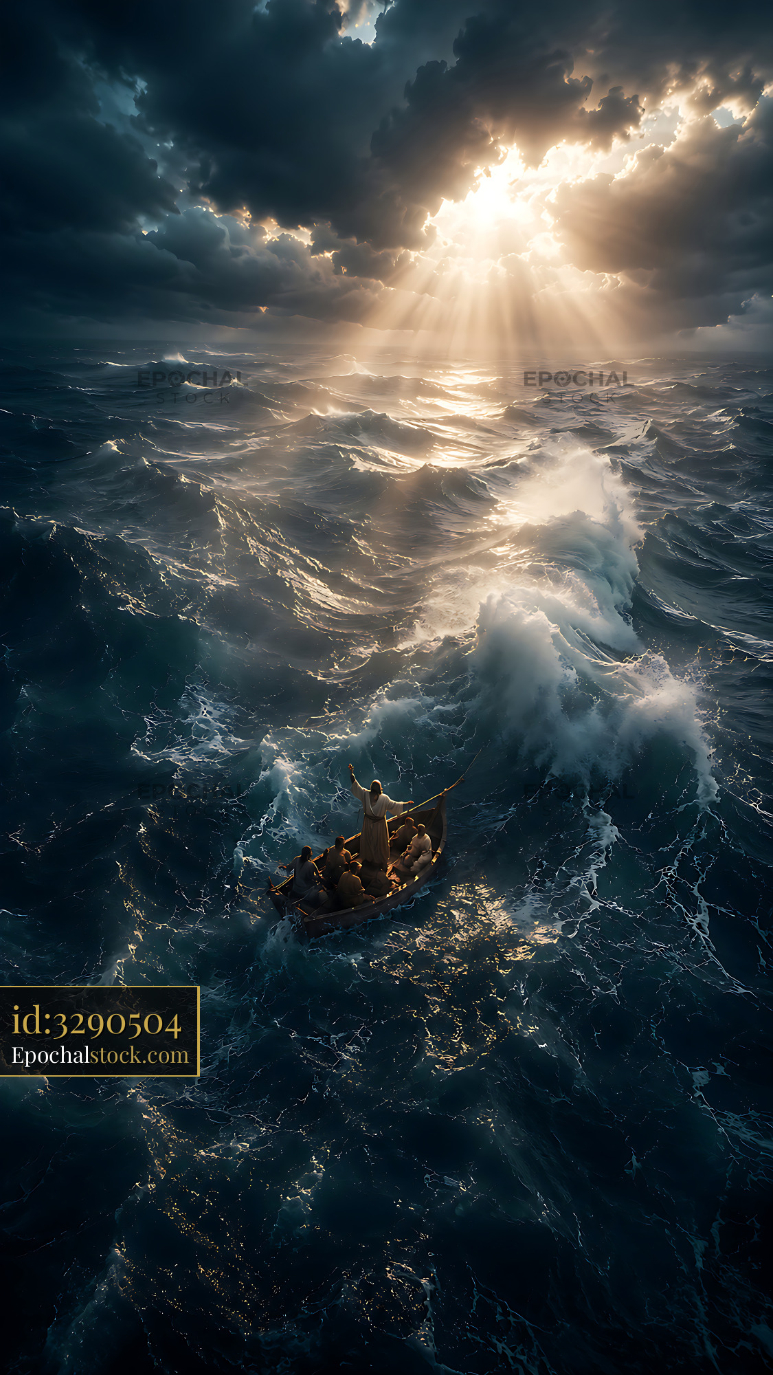 Watermarked full-resolution preview of Boat navigating through stormy seas under dramatic sky
