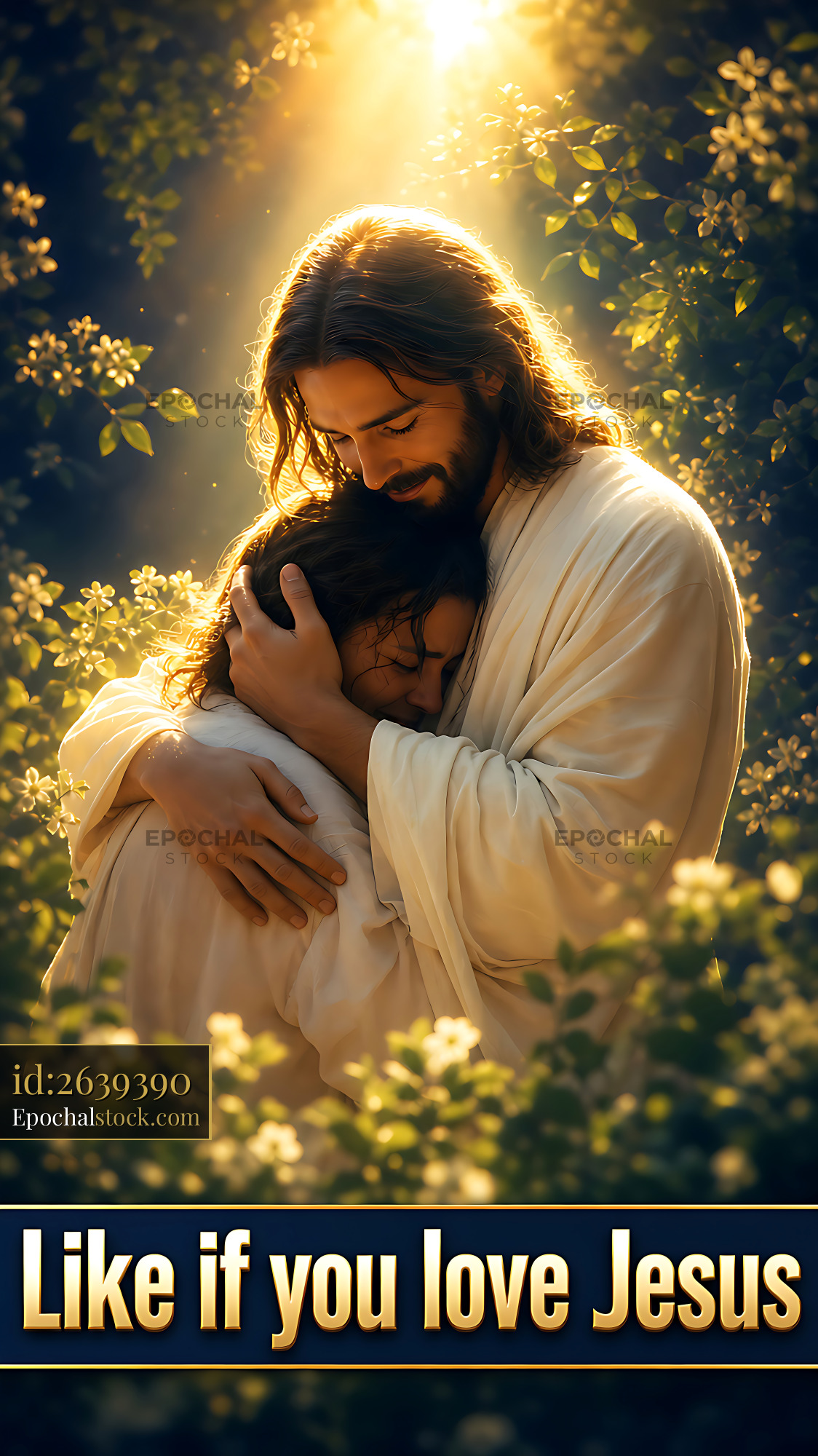 Watermarked full-resolution preview of Man and woman embrace in a garden with sunlight