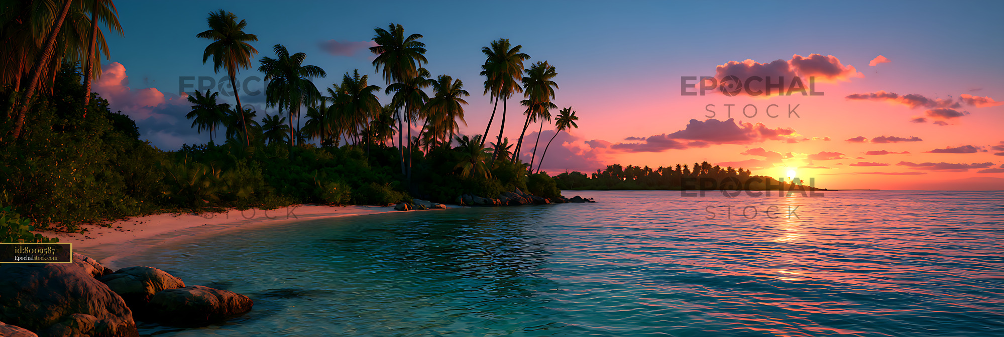 Watermarked full-resolution preview of Palm-lined tropical coast during a vibrant sunset