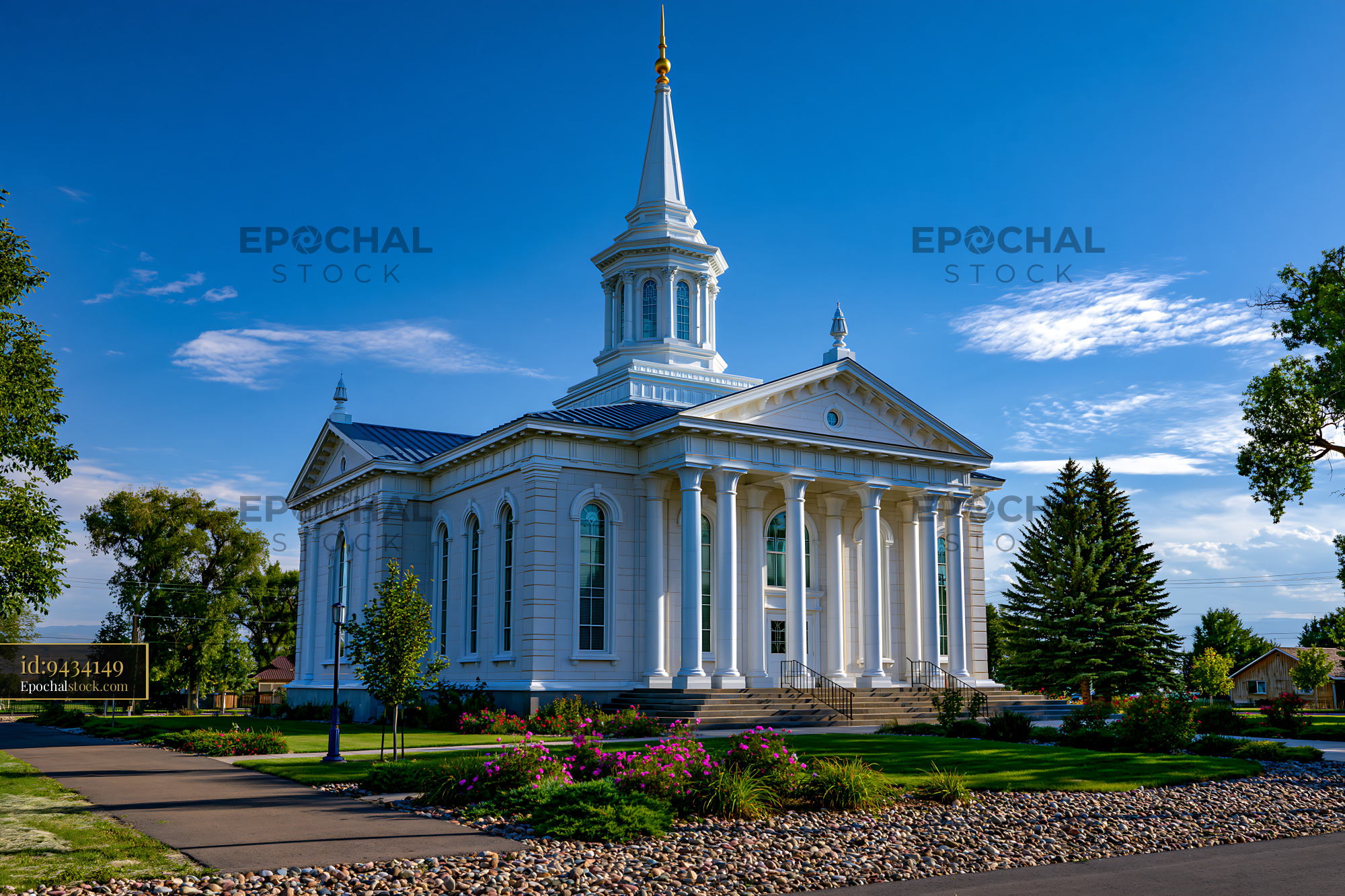 Watermarked full-resolution preview of White church exterior with classical columns and gardens