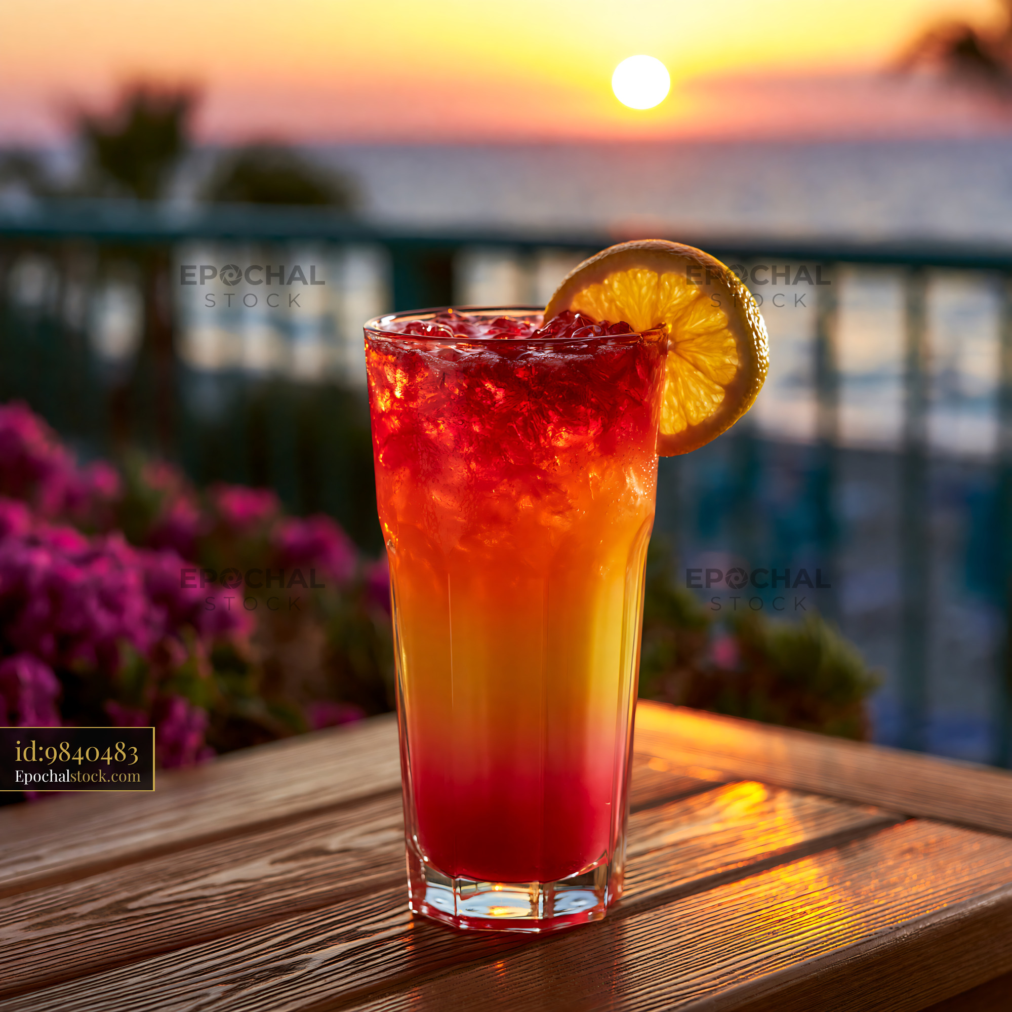Watermarked full-resolution preview of Colorful iced citrus drink with sunset waterfront background