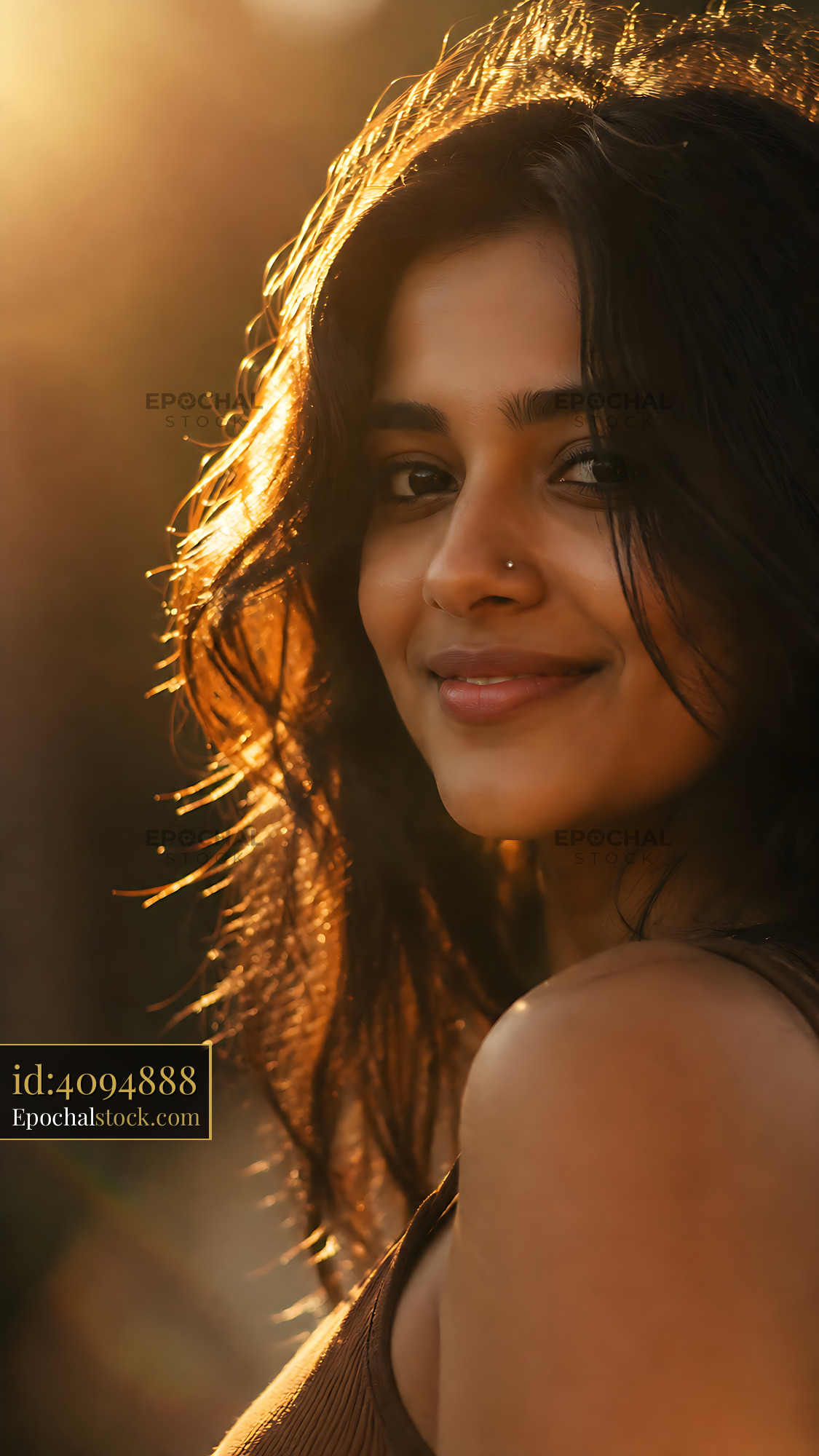 Woman Smiles at Sunset With Sunlight Enhancing Her Features - stock photo
