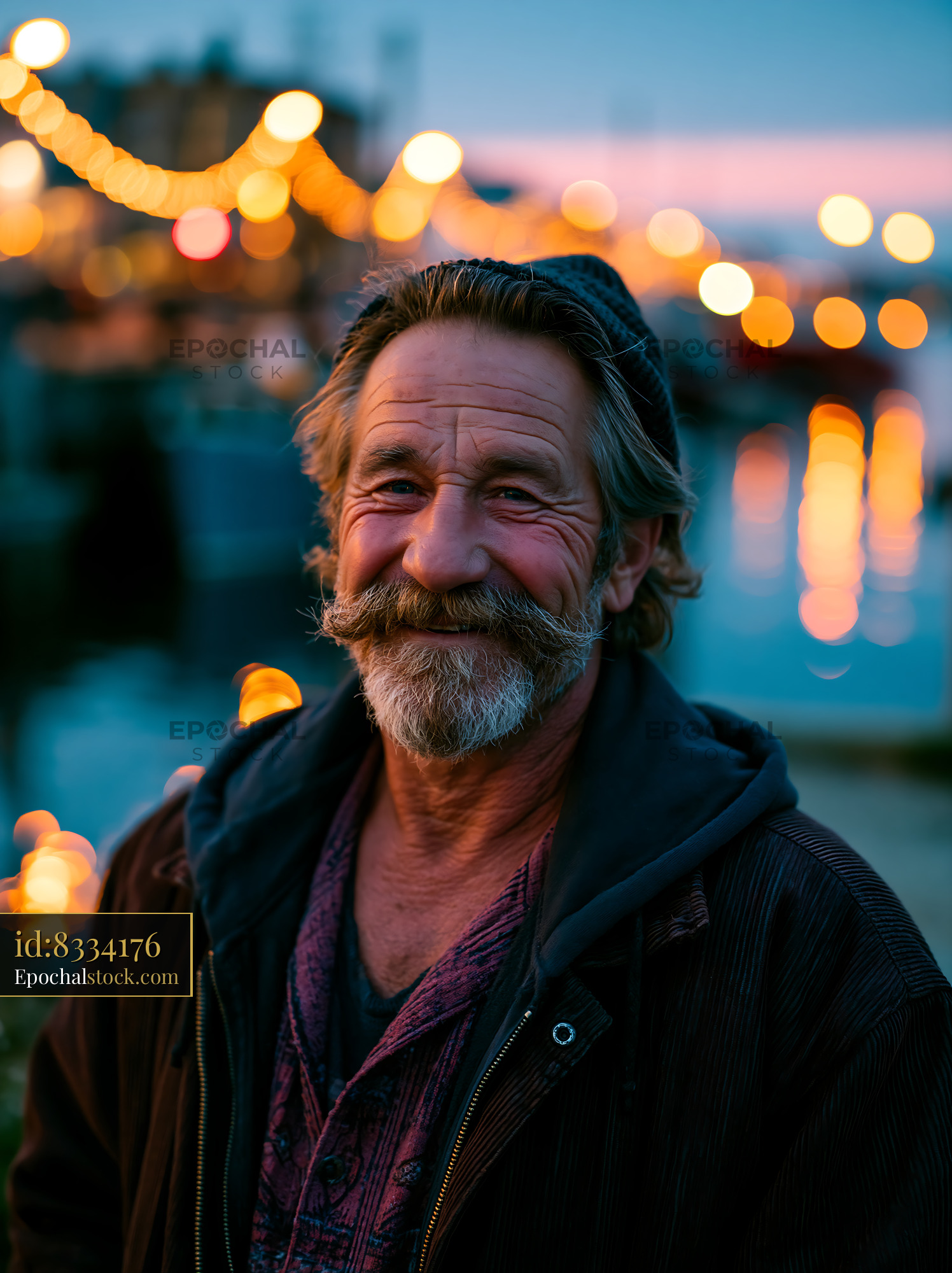 Watermarked full-resolution preview of Smile of a man at dusk by the waterfront