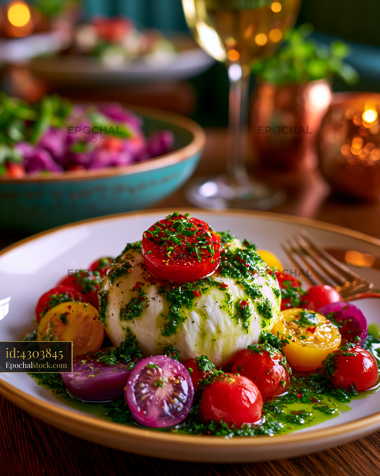 Watermarked full-resolution preview of Creamy Burrata Served with Tomatoes and Fresh Herbs