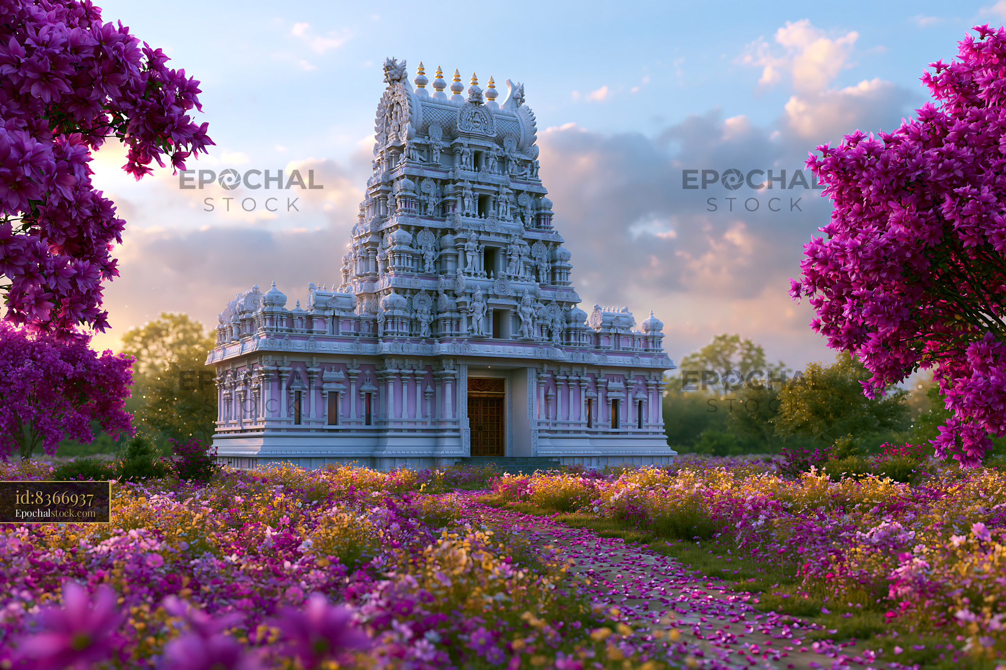 Watermarked full-resolution preview of Temple surrounded by flowers at sunset