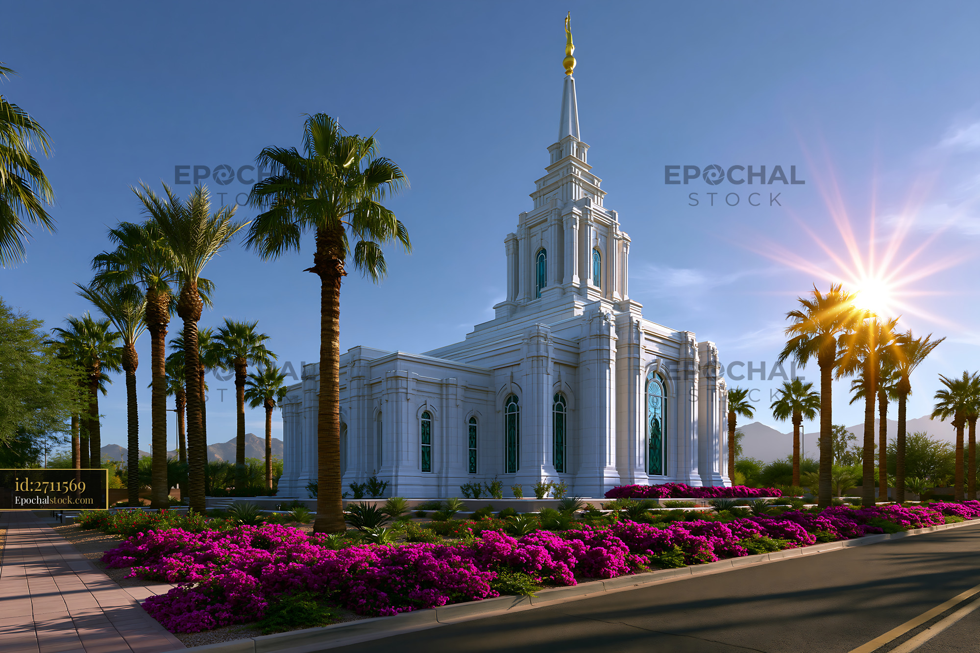 Watermarked full-resolution preview of Beautiful temple with palm trees and flowers during sunset