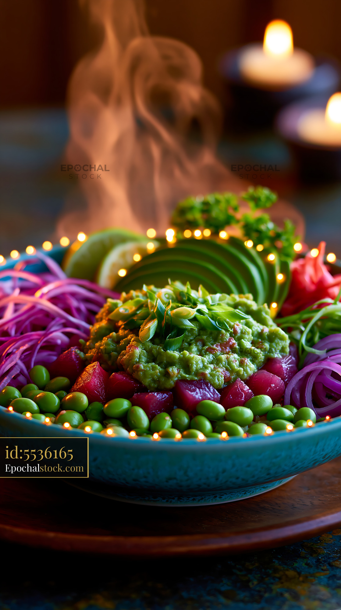 Watermarked full-resolution preview of Vibrant vegetable platter with guacamole and warm lights