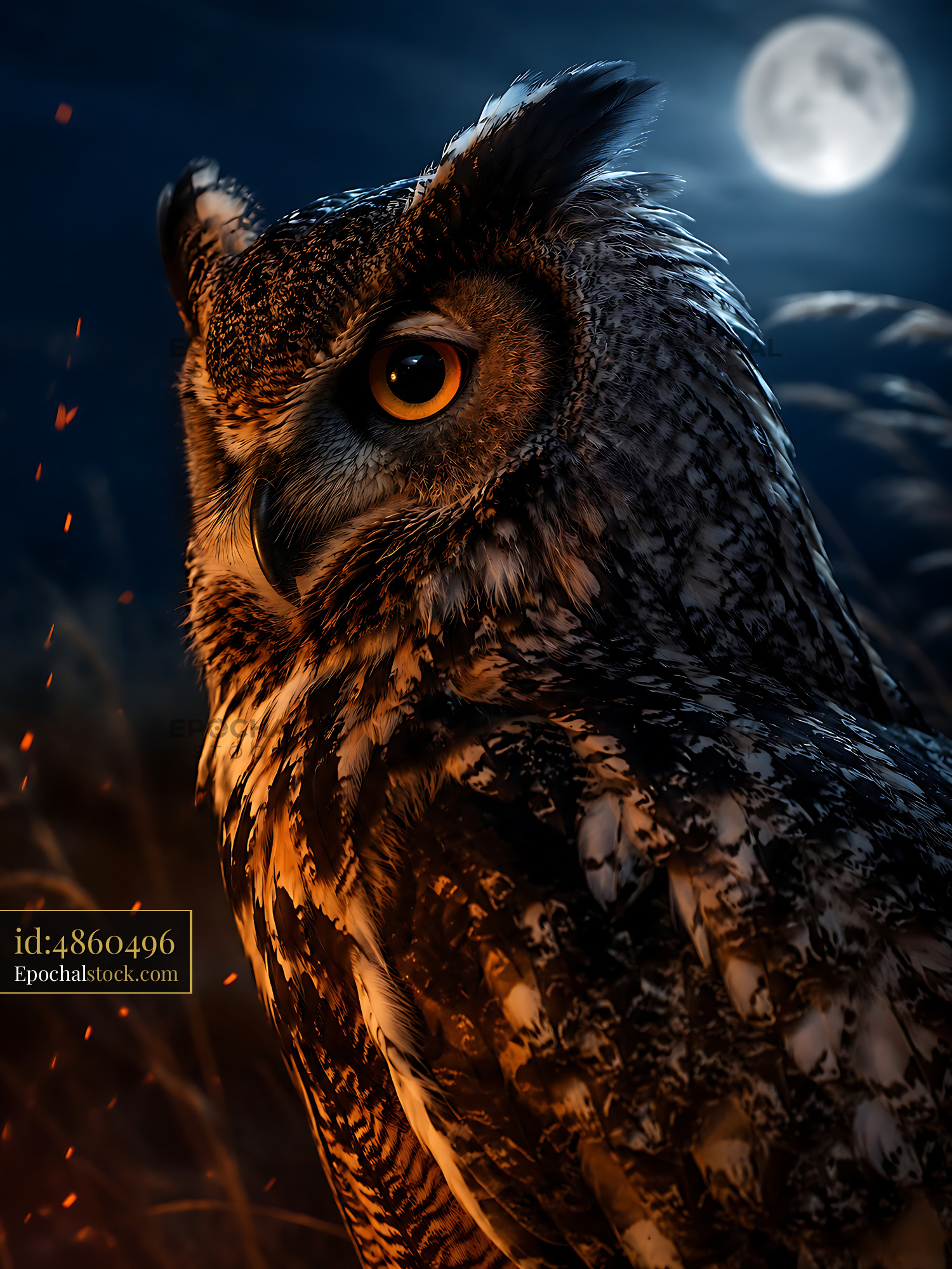 Watermarked full-resolution preview of Owl perched in grass under a full moon at night
