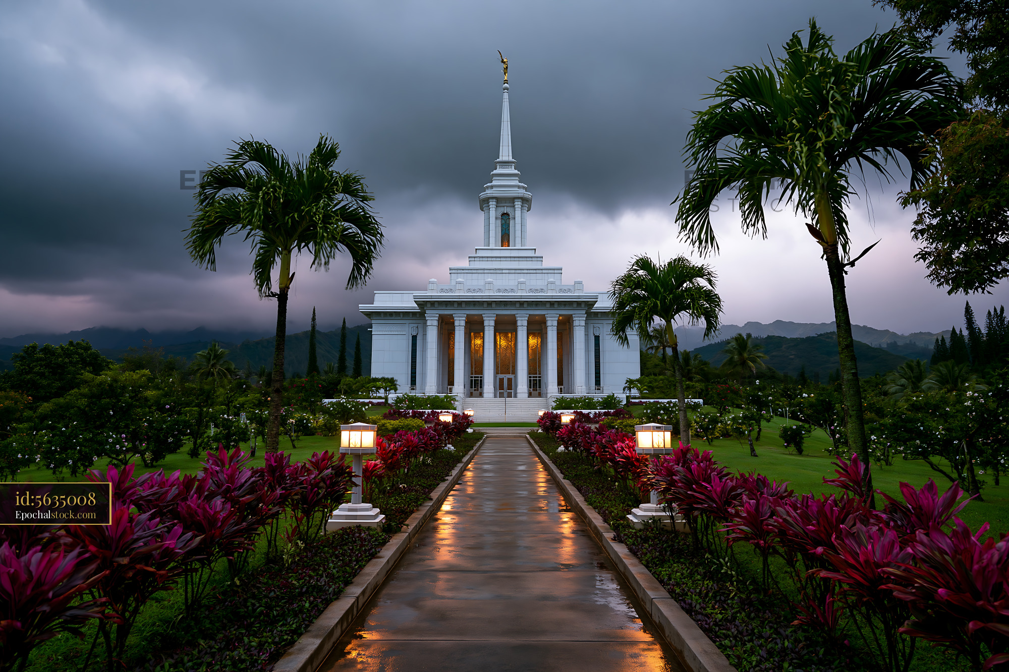 Watermarked full-resolution preview of Tropical temple garden after rain