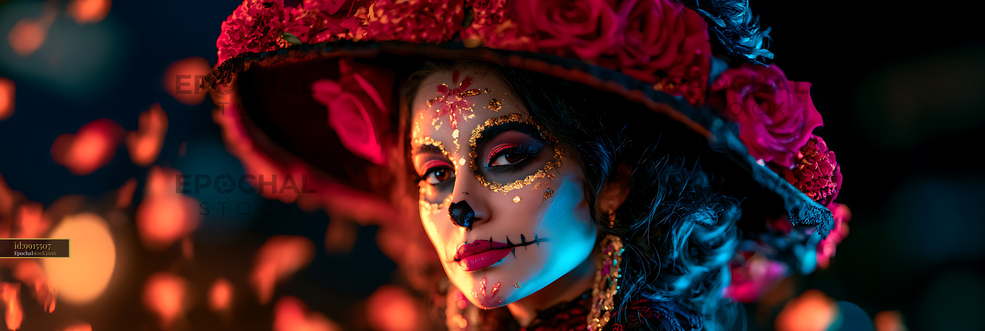 Watermarked full-resolution preview of Dramatic close-up portrait with floral hat and skull face paint