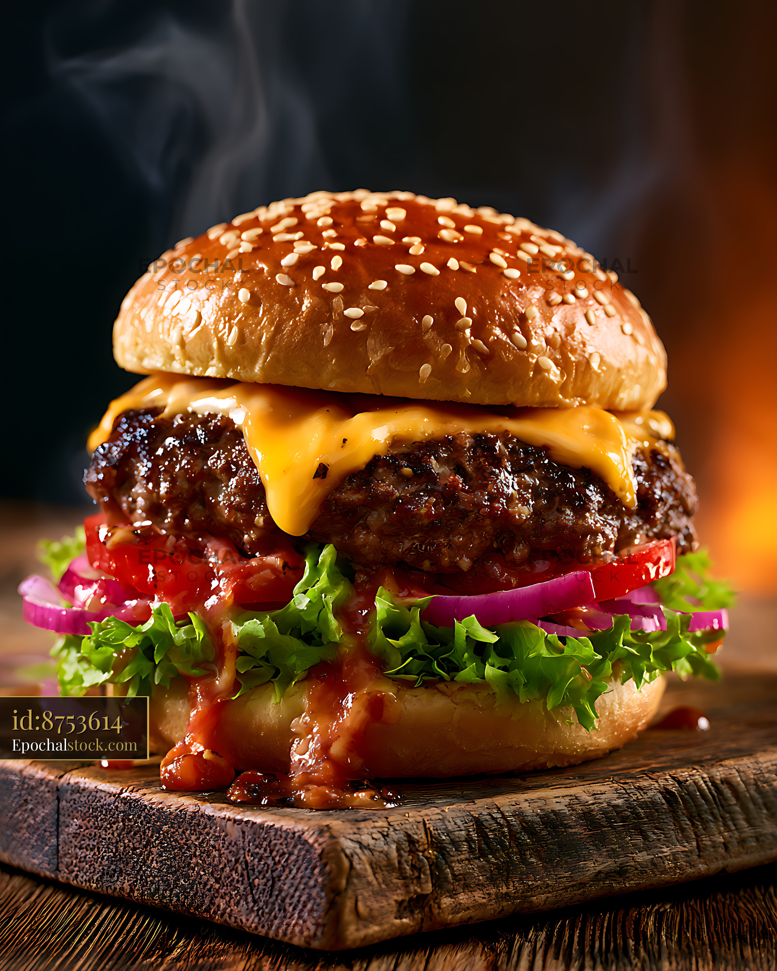 Watermarked full-resolution preview of Juicy cheeseburger with melted cheese and vegetables