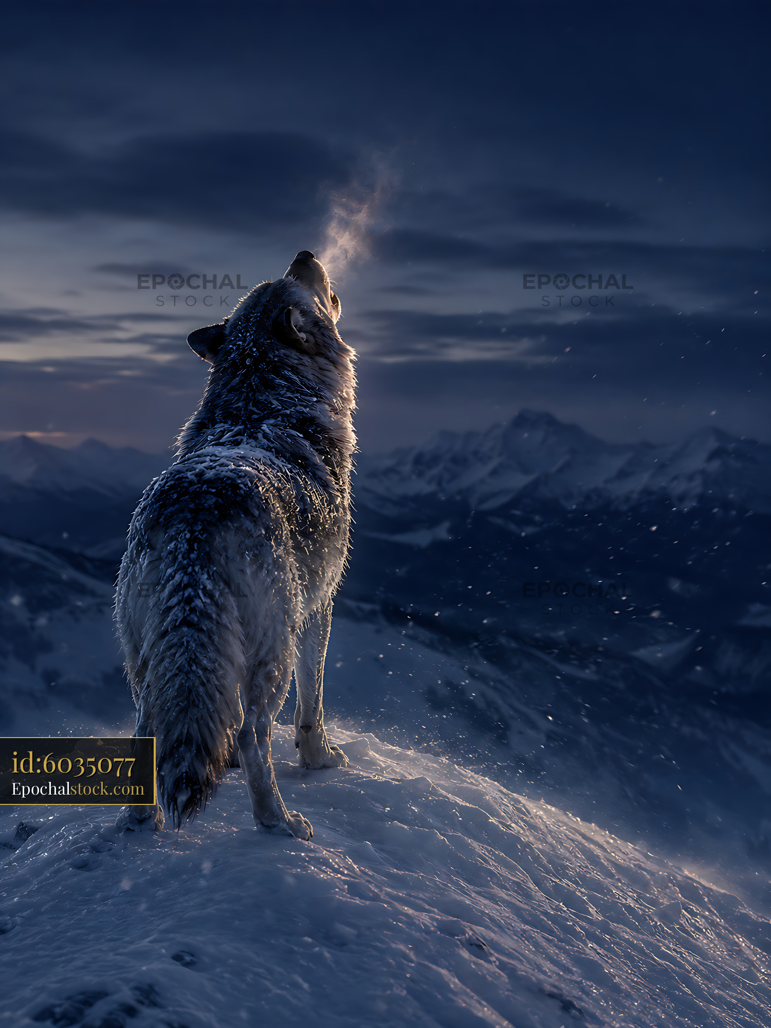 Watermarked full-resolution preview of Wolf howling in winter landscape with snow and mountains