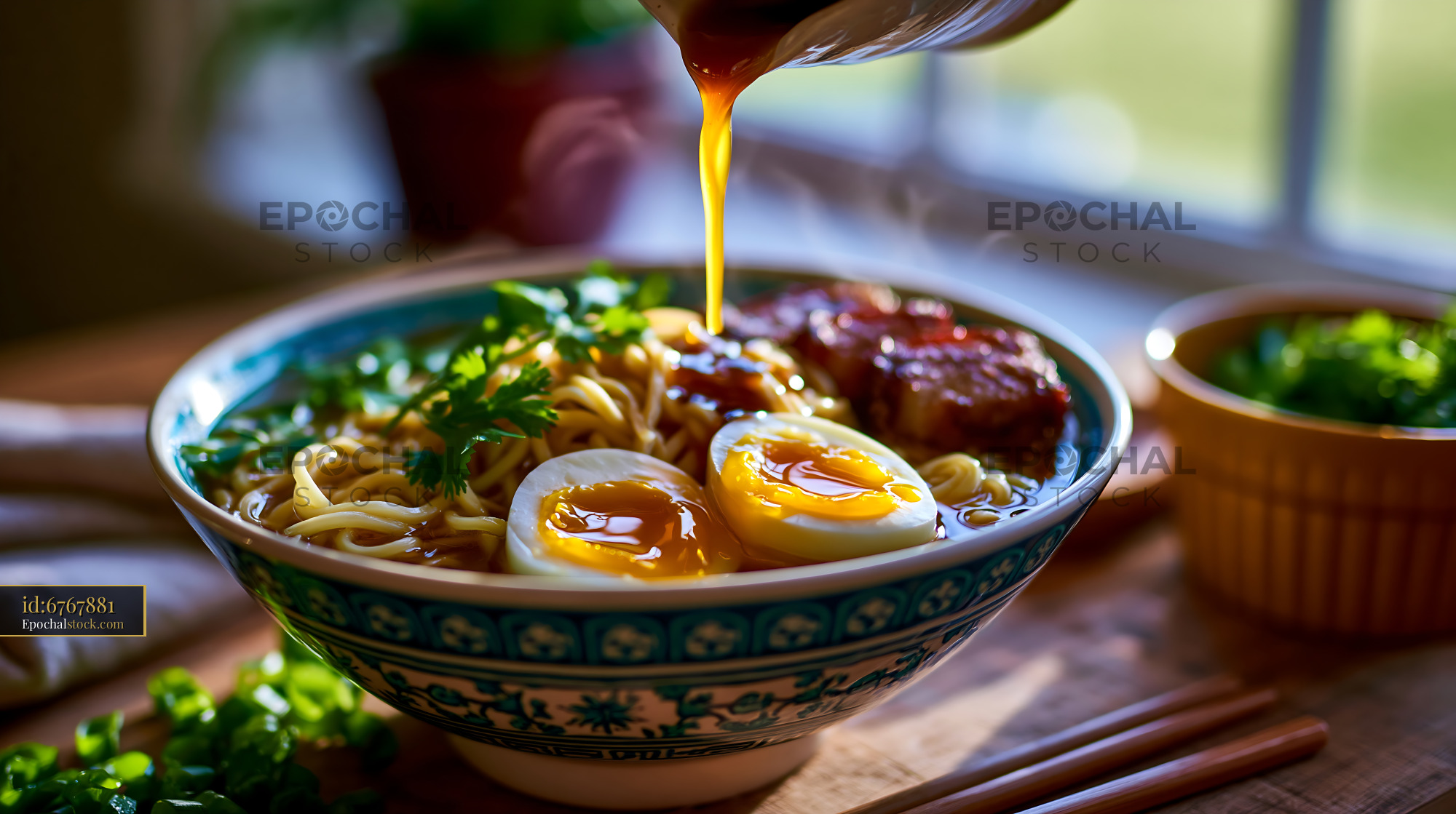 Watermarked full-resolution preview of Bowl of noodles with eggs and meat being served in a kitchen