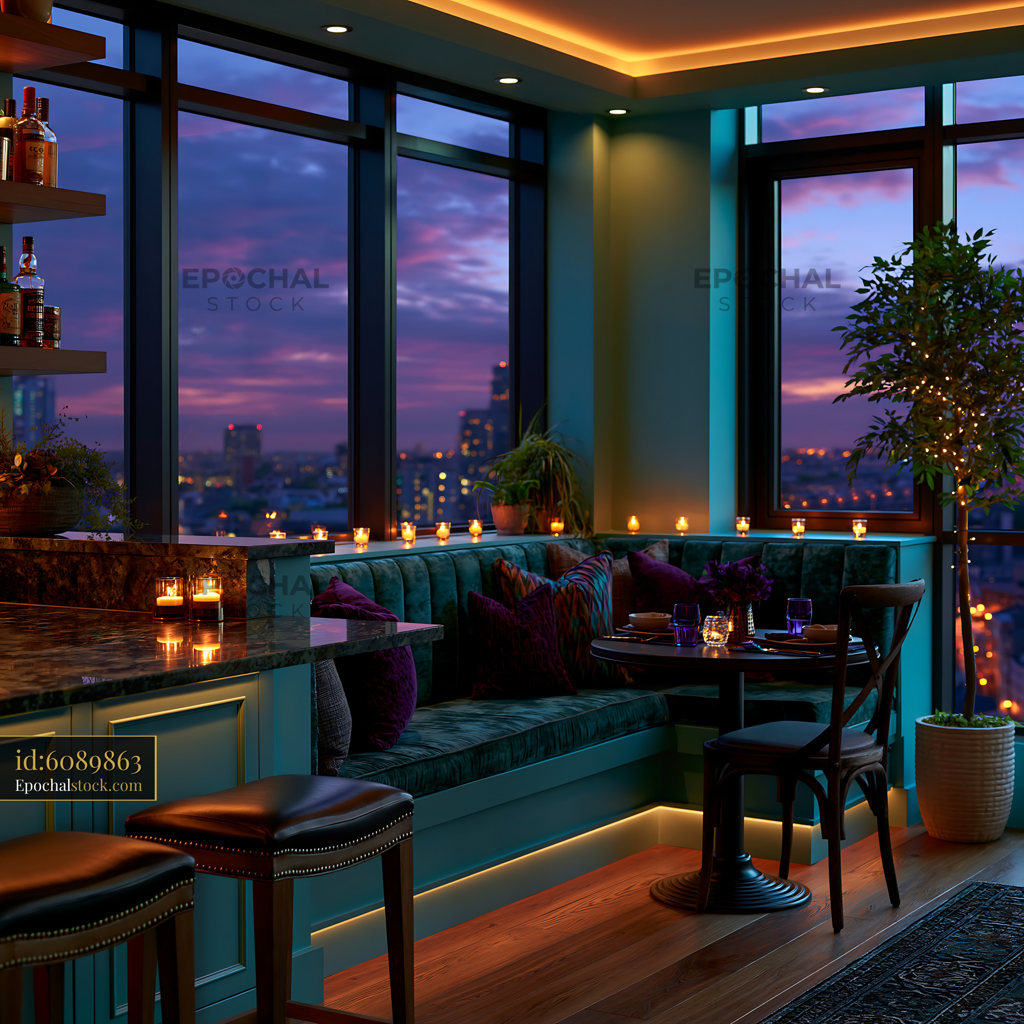 Watermarked full-resolution preview of Modern lounge interior with city view and evening lighting