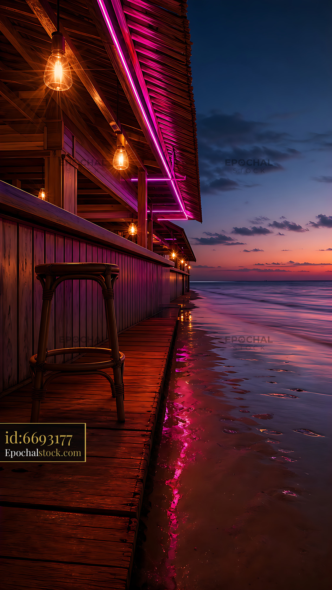 Watermarked full-resolution preview of Beachfront bar with colorful lights at sunset