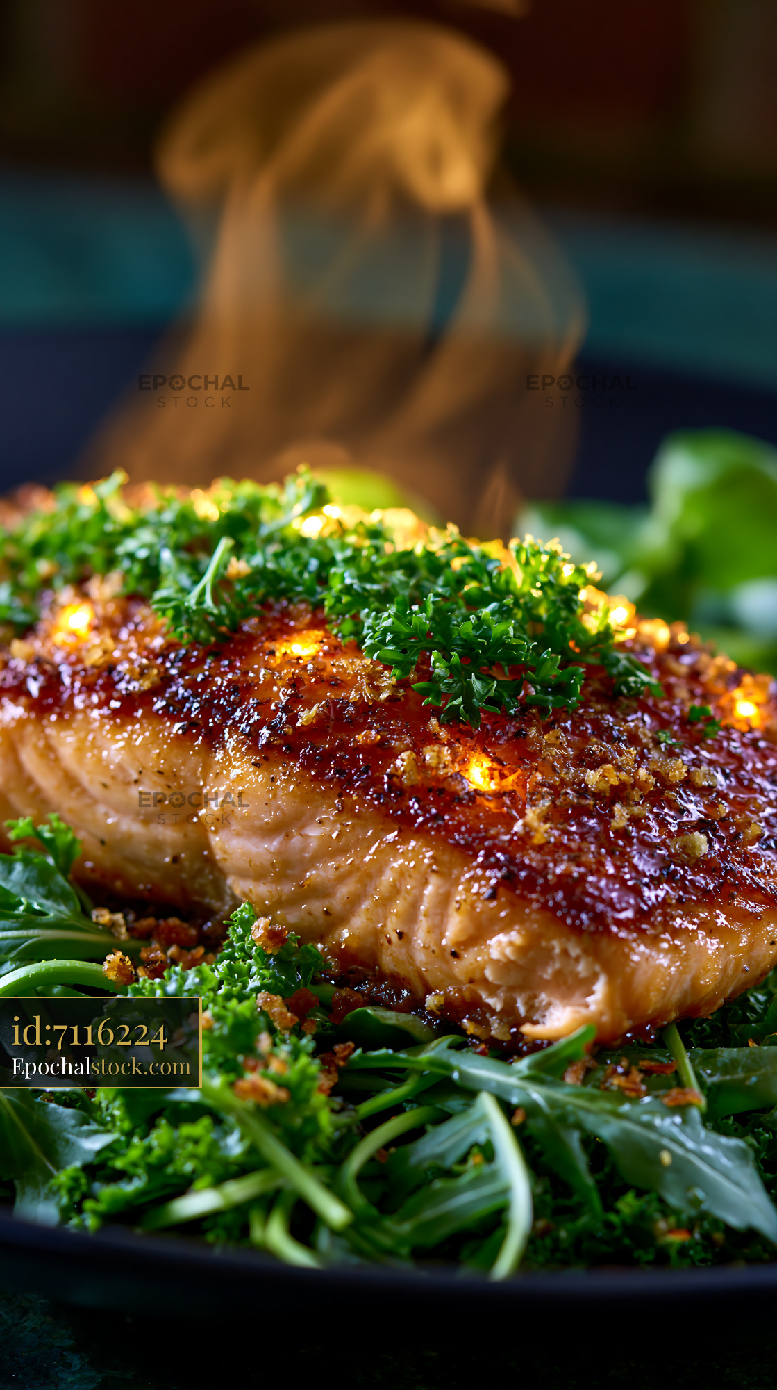 Watermarked full-resolution preview of Close-up glazed chicken breast served with fresh greens