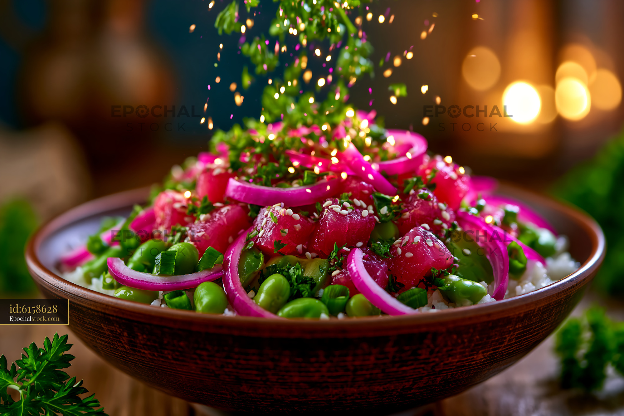 Watermarked full-resolution preview of Vibrant dragon fruit and vegetable salad in a wooden bowl