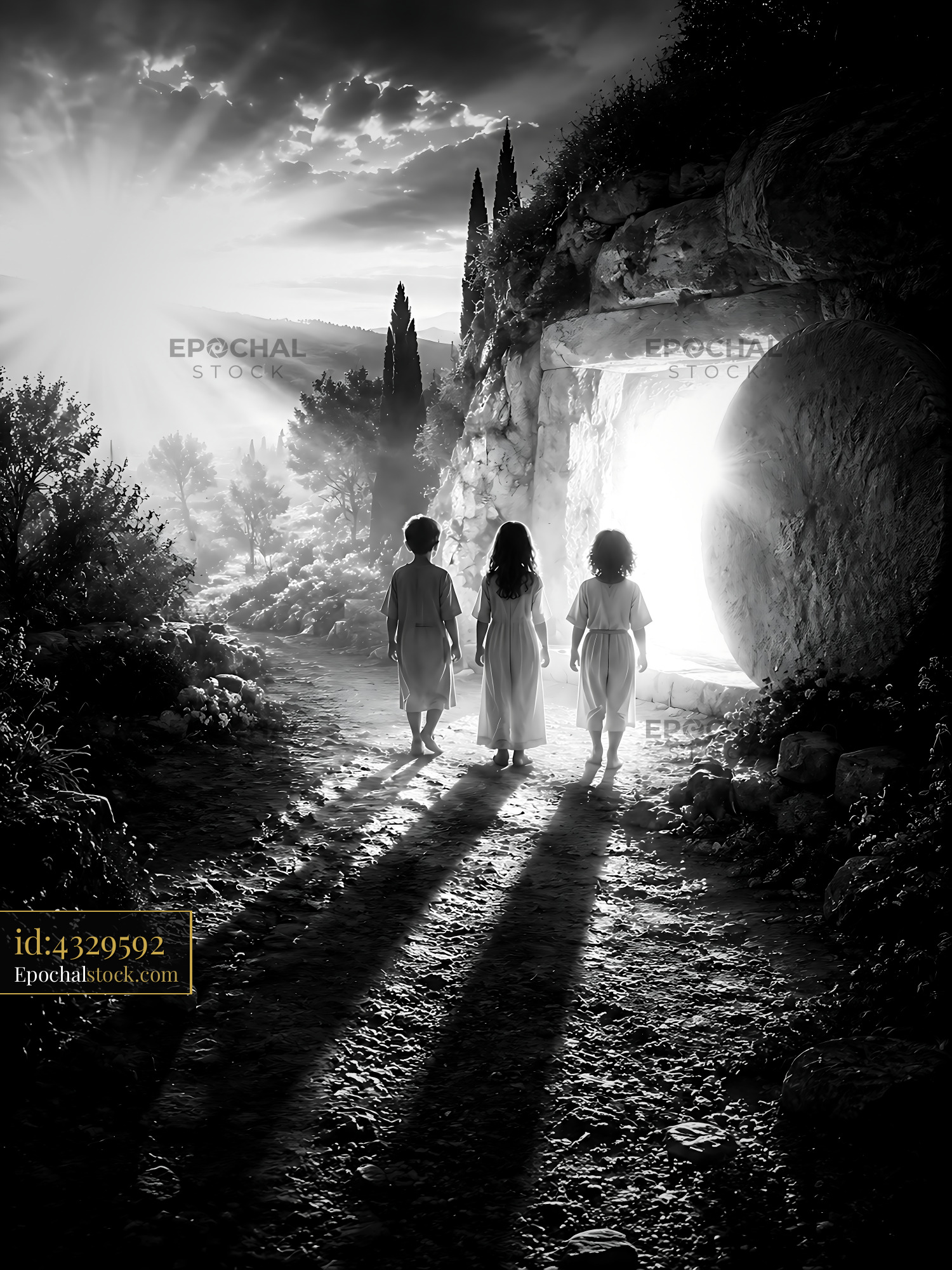 Watermarked full-resolution preview of Children walking towards a bright entrance in a rocky landscape
