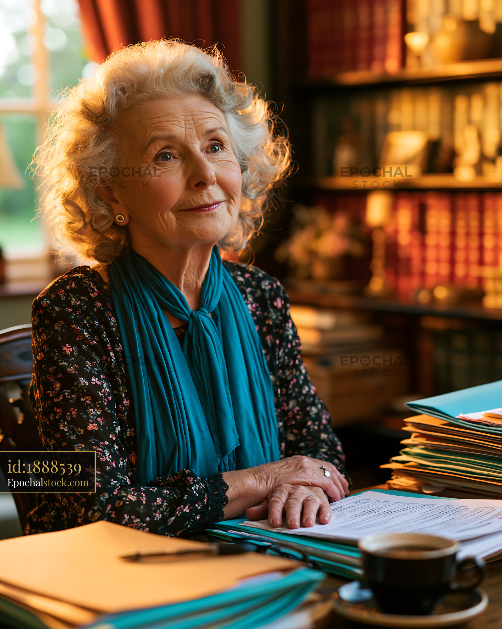 Watermarked full-resolution preview of Elderly woman at desk surrounded by files and documents