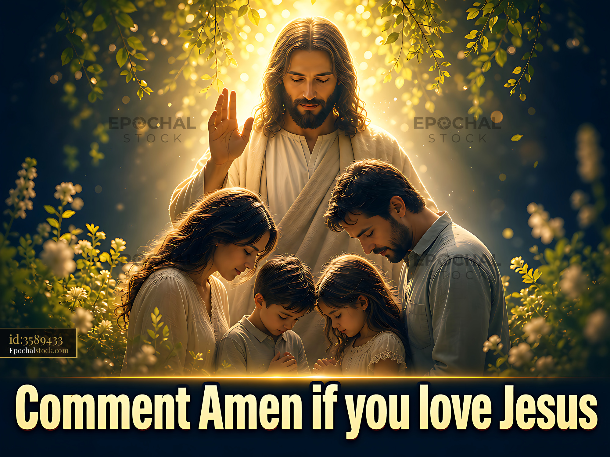 Watermarked full-resolution preview of Family worshiping together in a serene natural setting