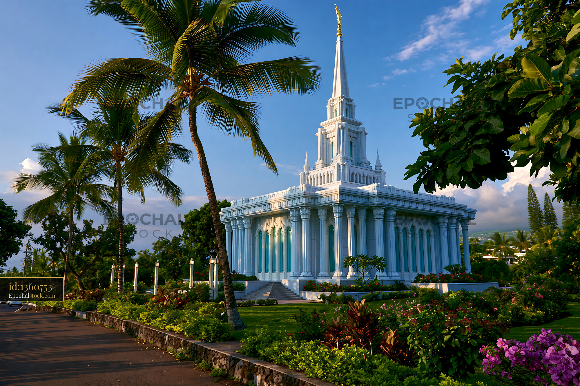 Watermarked full-resolution preview of Sunlight illuminates a temple surrounded by trees and flowers