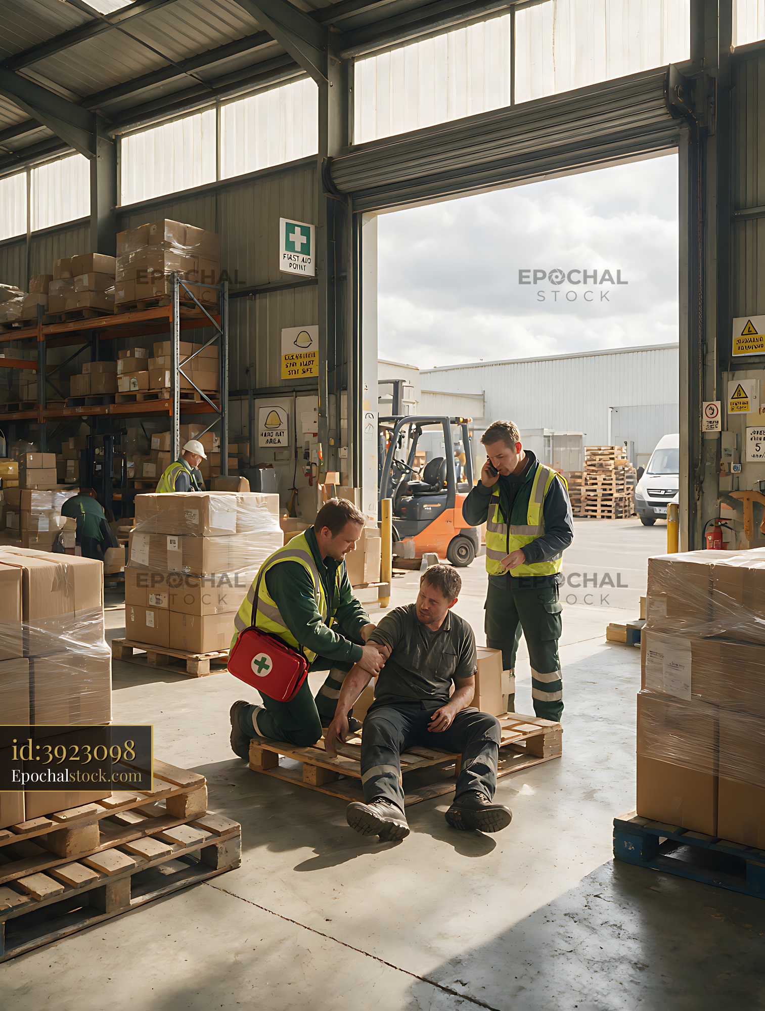 Watermarked full-resolution preview of Coworkers provide first aid to injured worker in warehouse