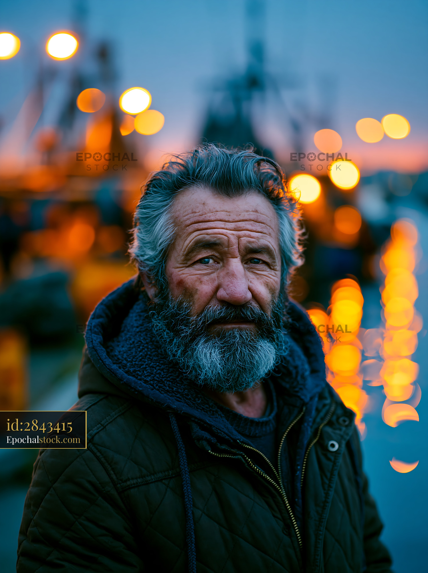 Watermarked full-resolution preview of Portrait of an older man by the waterfront at dusk