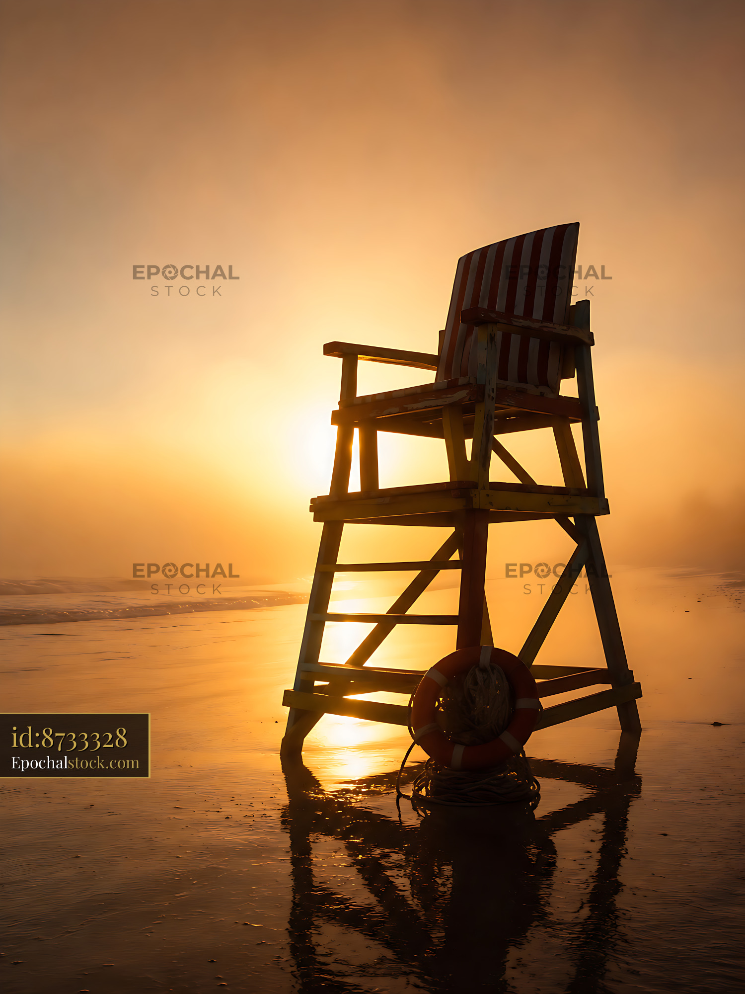 Lifeguard Chair Stands on Beach at Sunset With Life Ring - stock photo