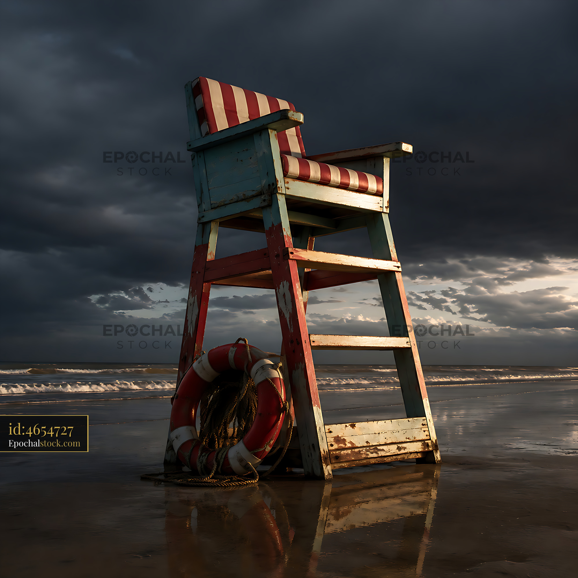 Watermarked full-resolution preview of Lifeguard chair and life buoy on beach under cloudy sky
