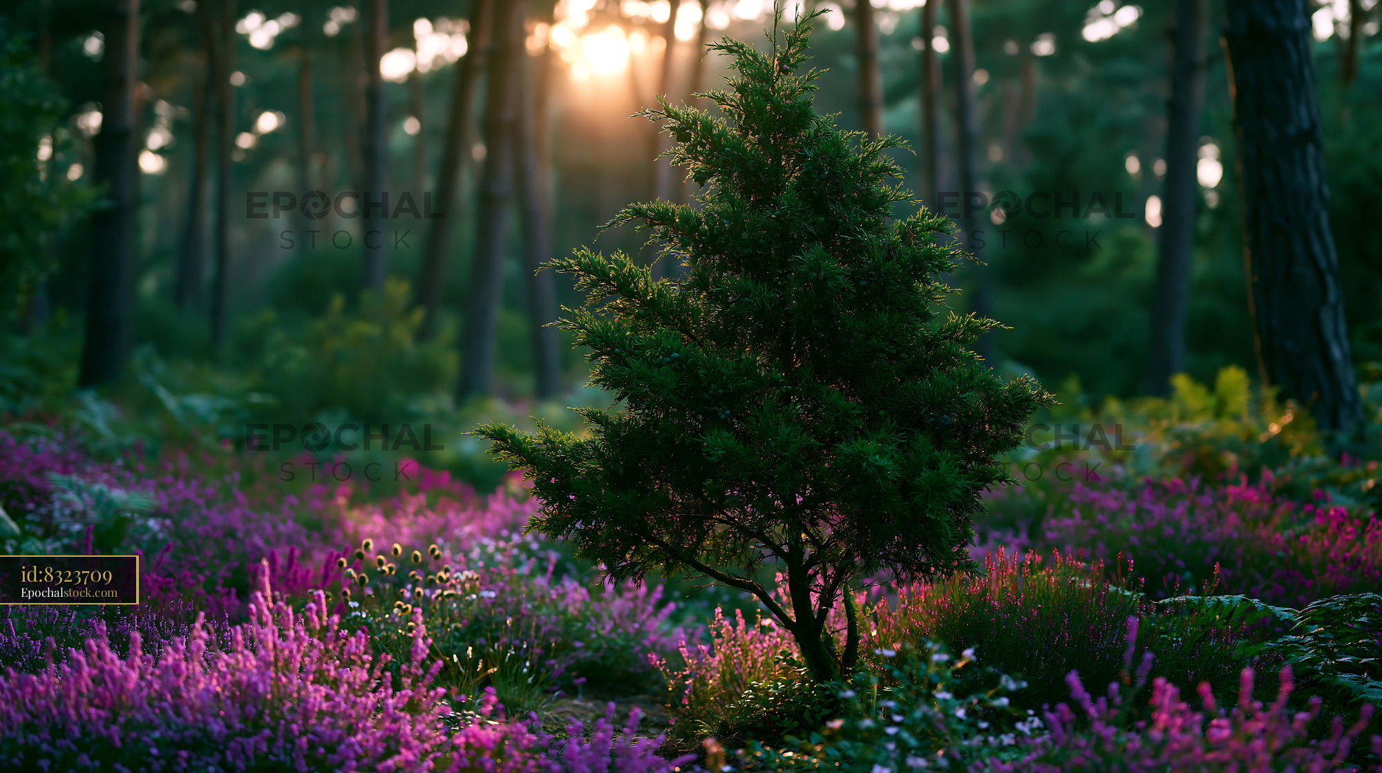 Watermarked full-resolution preview of Sunlight shining through trees in a vibrant forest scene