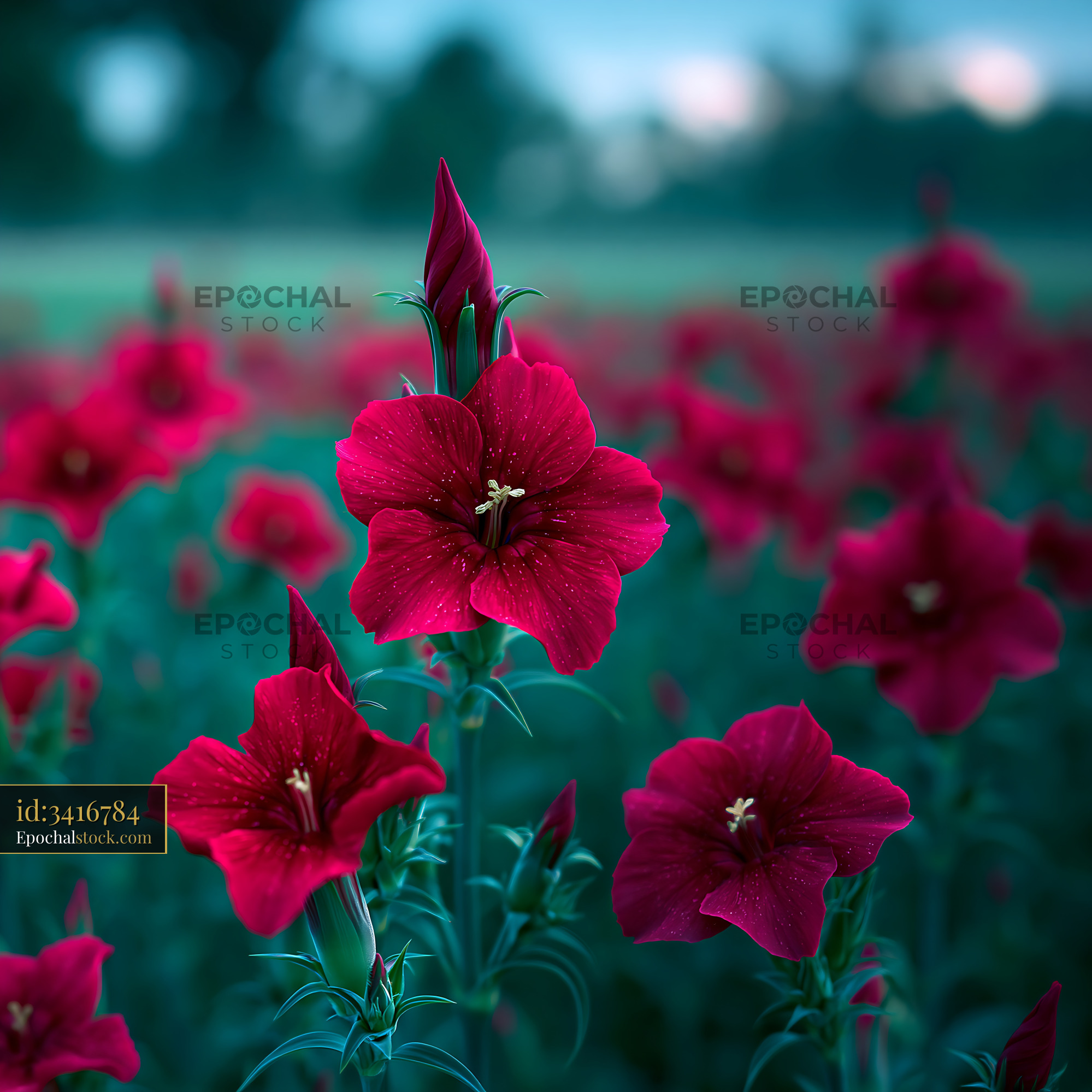 Watermarked full-resolution preview of Bright red flowers in a field during twilight